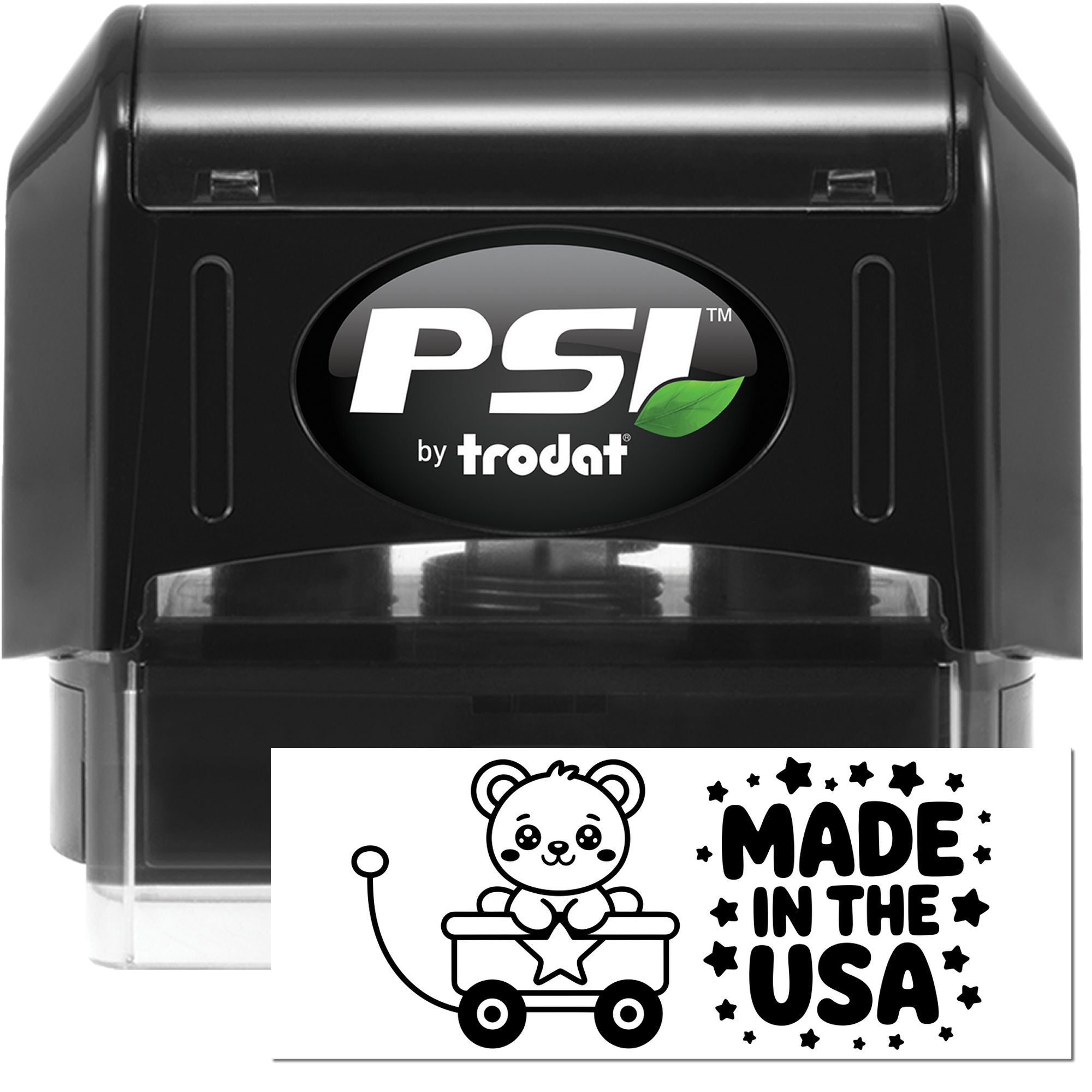Black PSI by Trodat self-inking stamp and seal, black with green leaf logo, showing a white Made in the USA bear design.