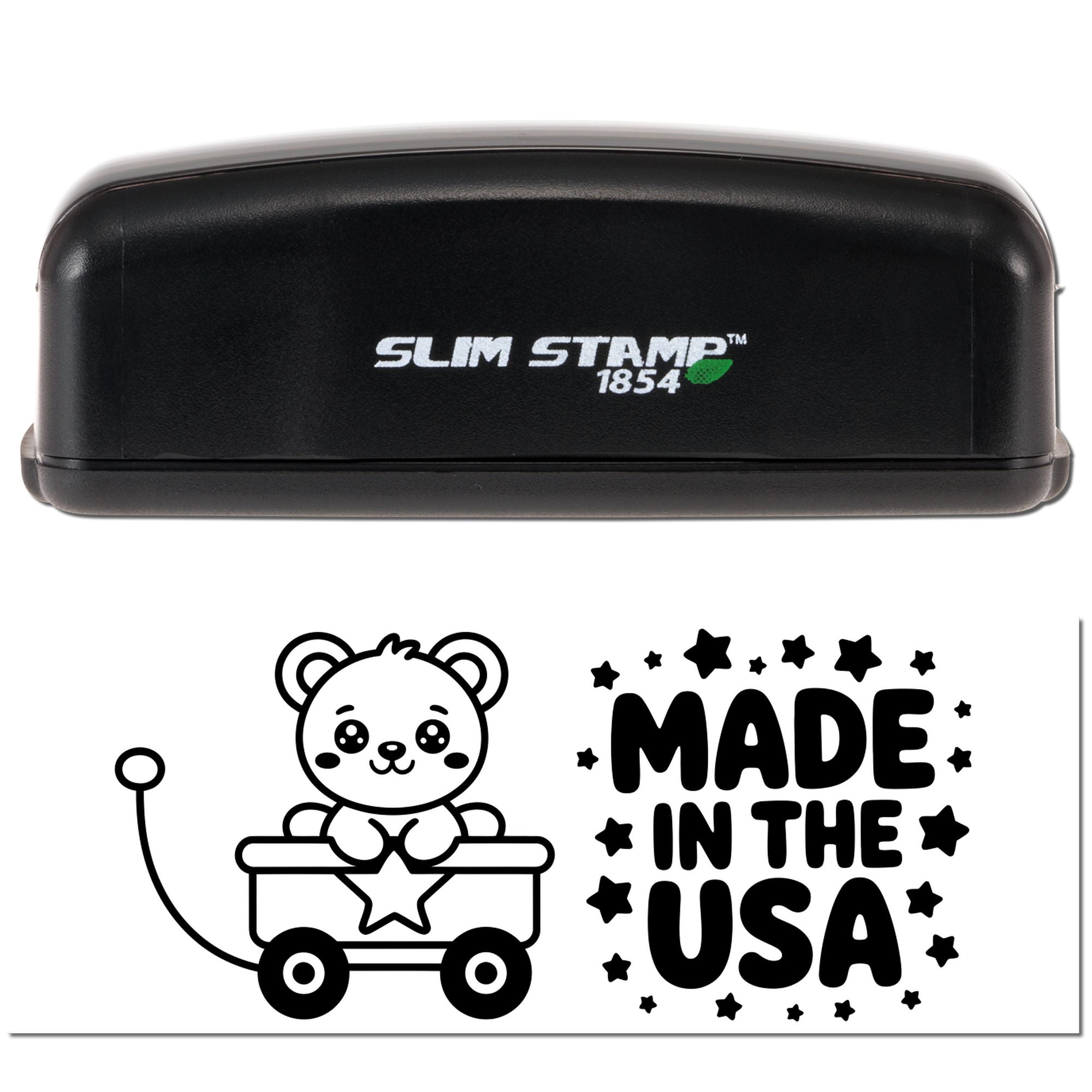 Black Slim Stamp 1854 self-inking stamp and seal with bear cart design, stars, and bold Made in the USA text.