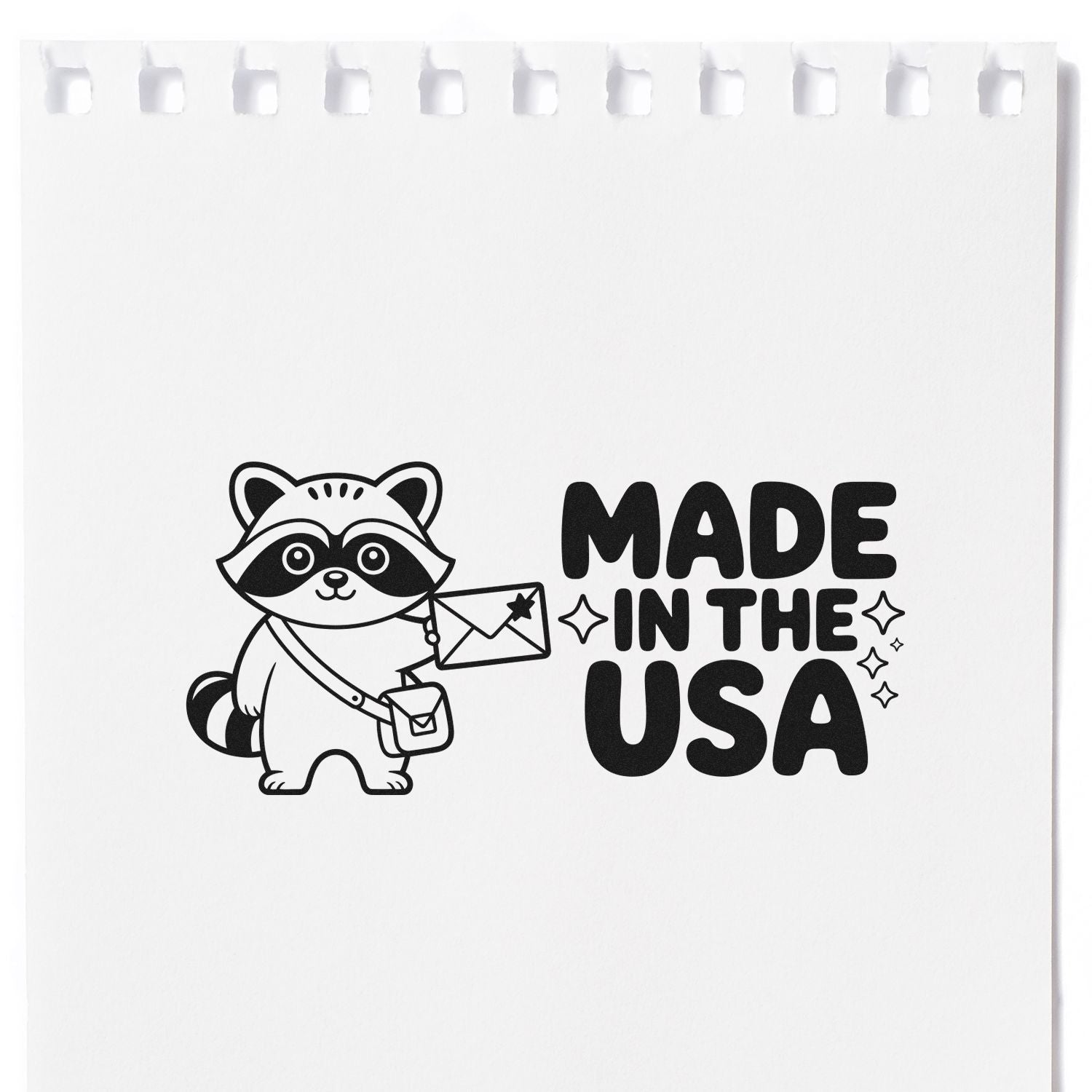 Black rubber stamp seal with raccoon mail carrier and bold MADE IN THE USA text on white.