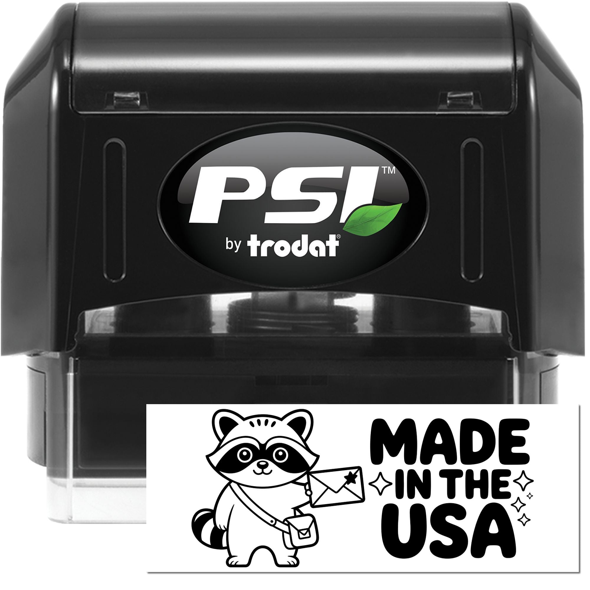 Black PSI by Trodat self-inking stamp and seal with green leaf logo, plus white Made in the USA imprint card.