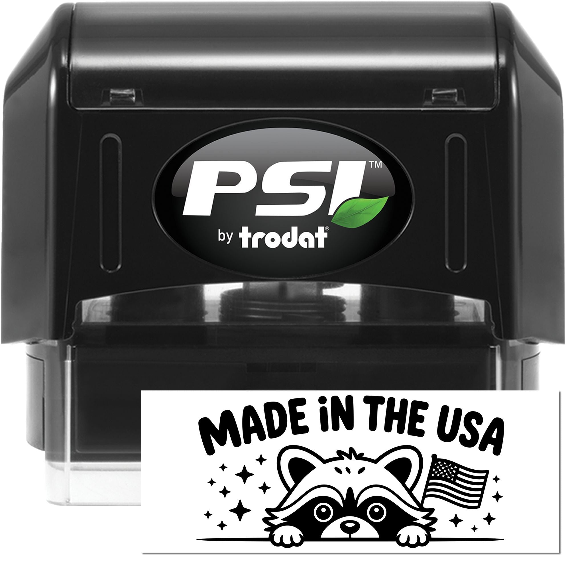 Black PSI by Trodat self-inking stamp and seal set with Made in the USA raccoon design