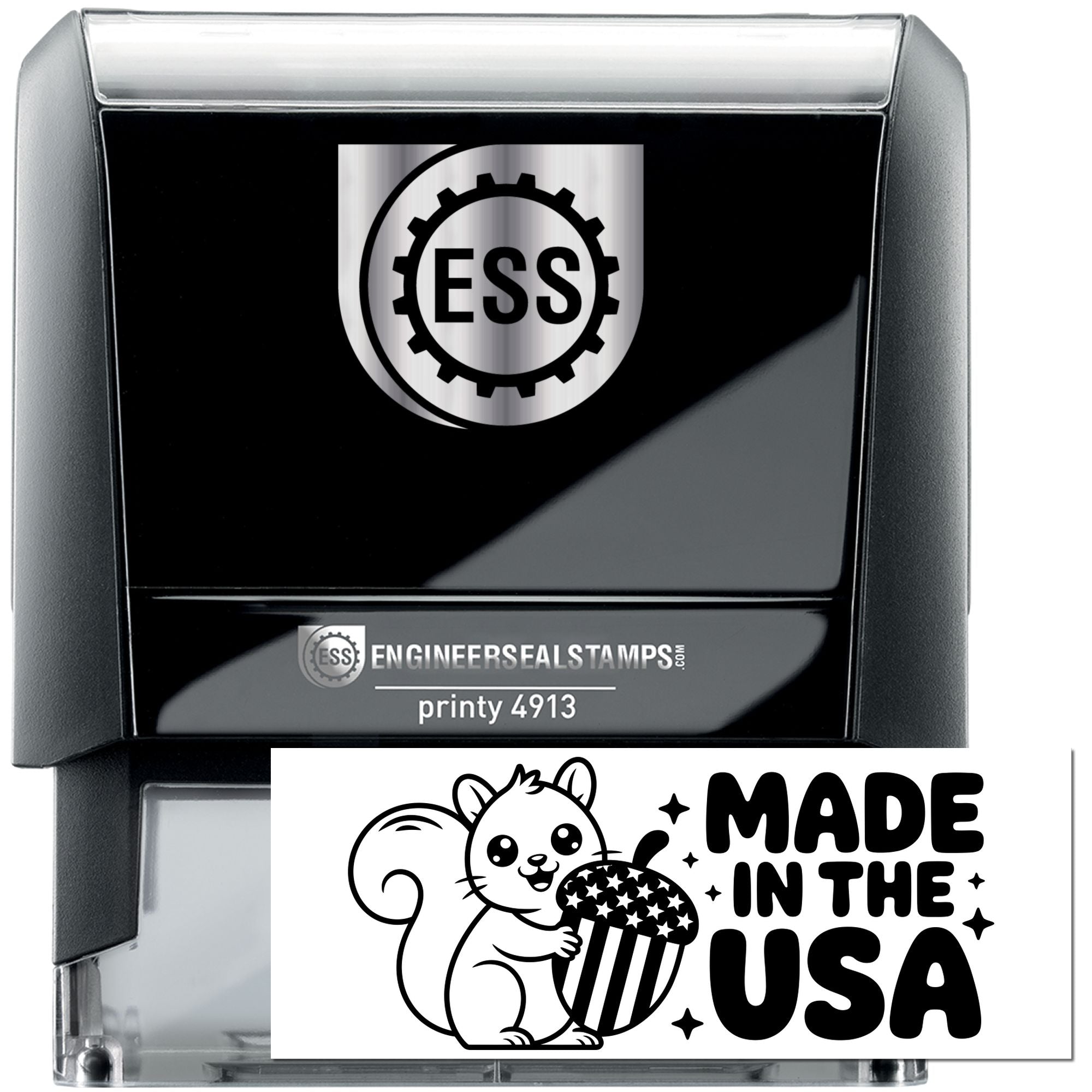 Black self-inking engineer seal stamp with silver ESS logo and Made in the USA imprint card.