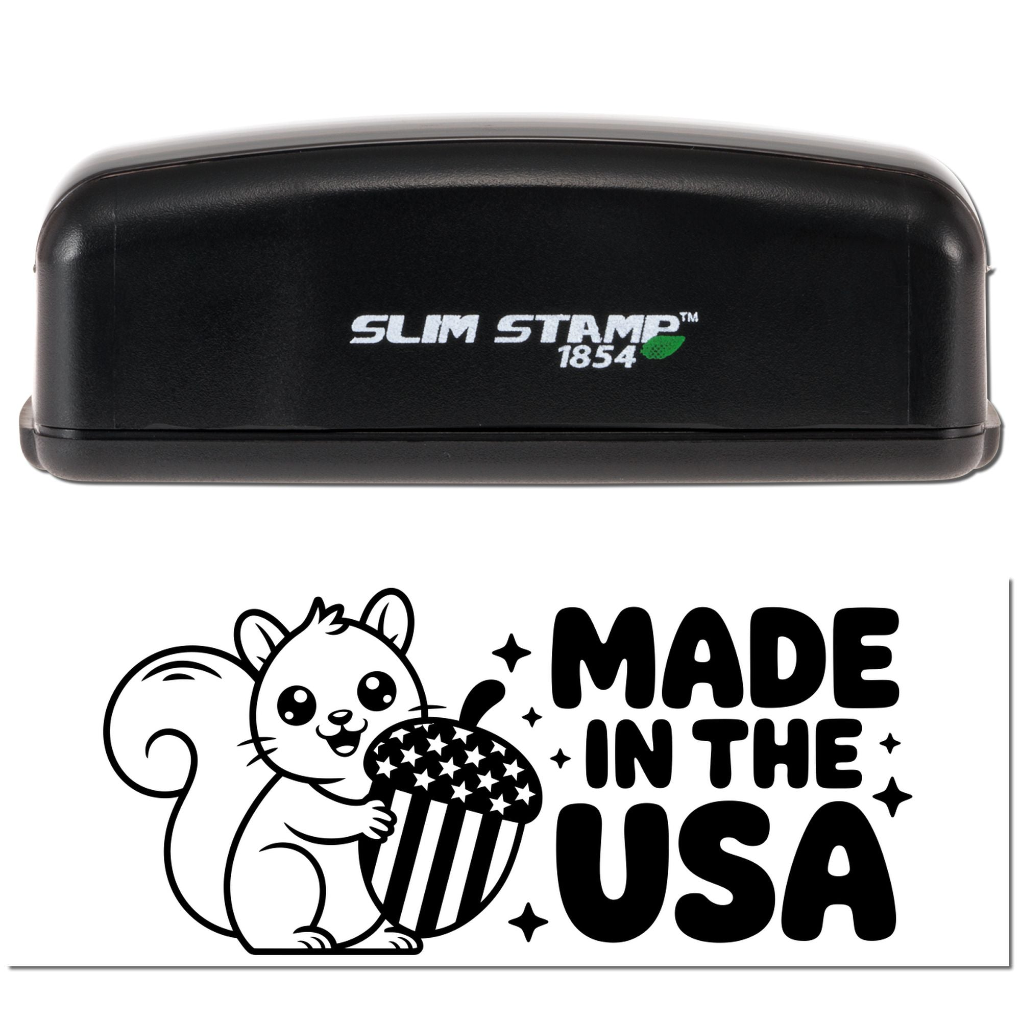 Black Slim Stamp self-inking stamp and seal with white logo, showing a squirrel holding a stars-and-stripes treat and Made in the USA.
