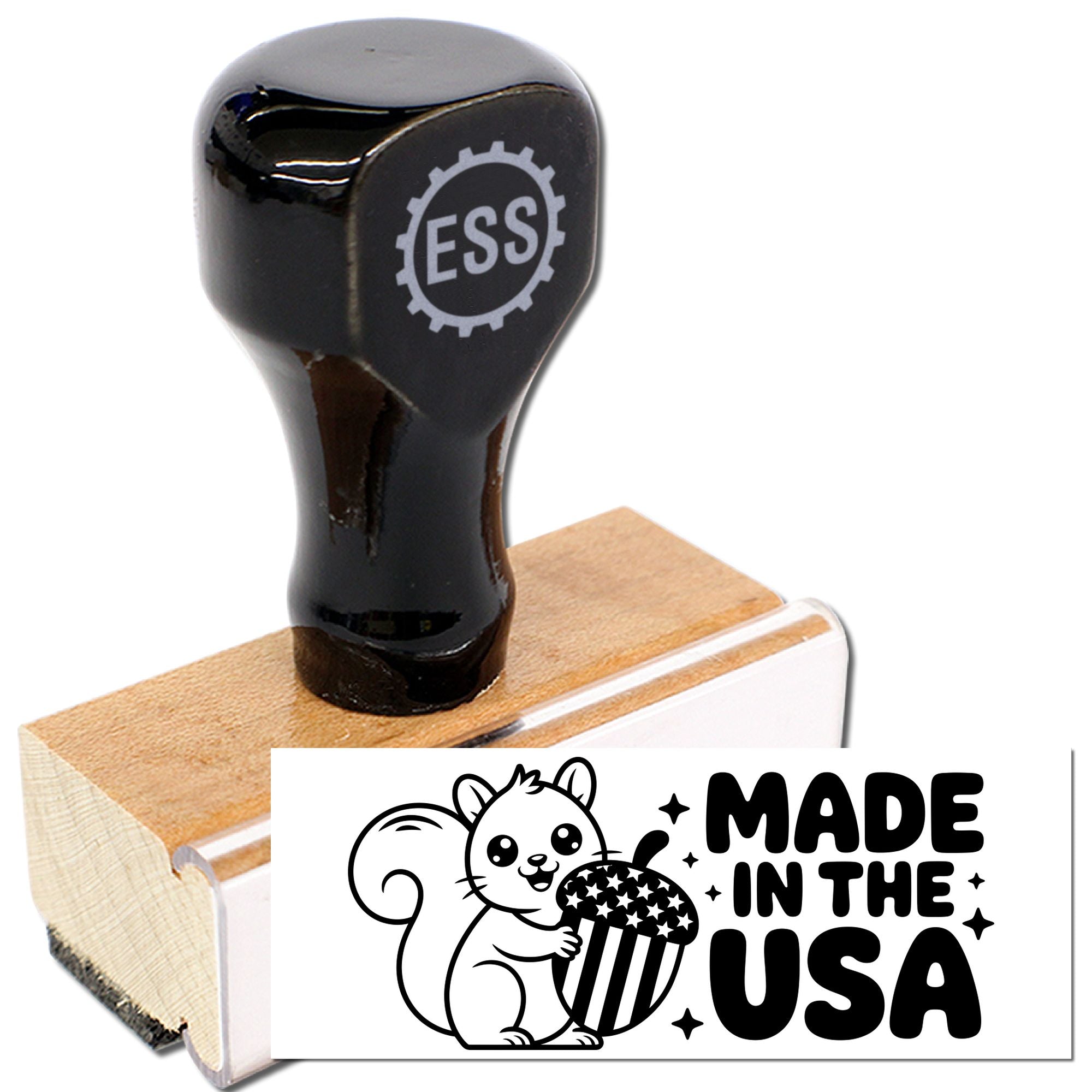 Black ESS rubber stamp with wooden handle, featuring a "Made in the USA" seal design on white background.