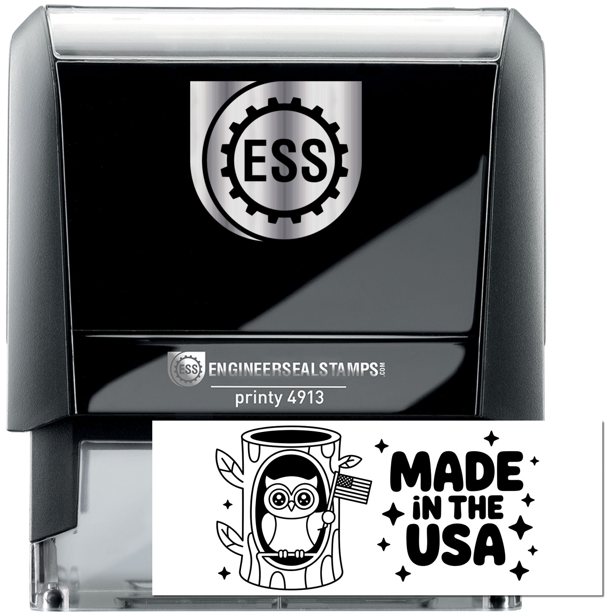 Black ESS self-inking stamp with silver logo and clear case; includes a Made in the USA seal graphic.