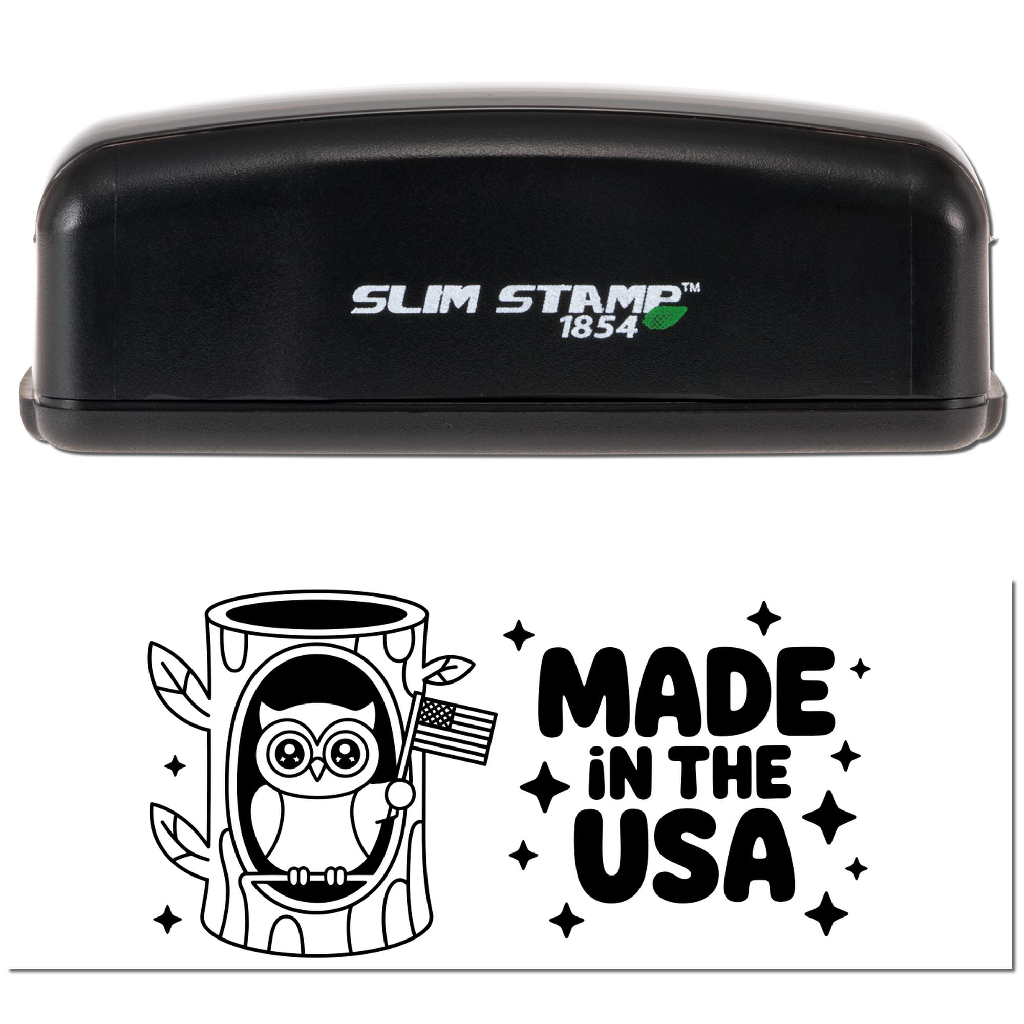 Black Slim Stamp 1854 self-inking stamp and seal with owl in tree stump graphic and Made in the USA text.