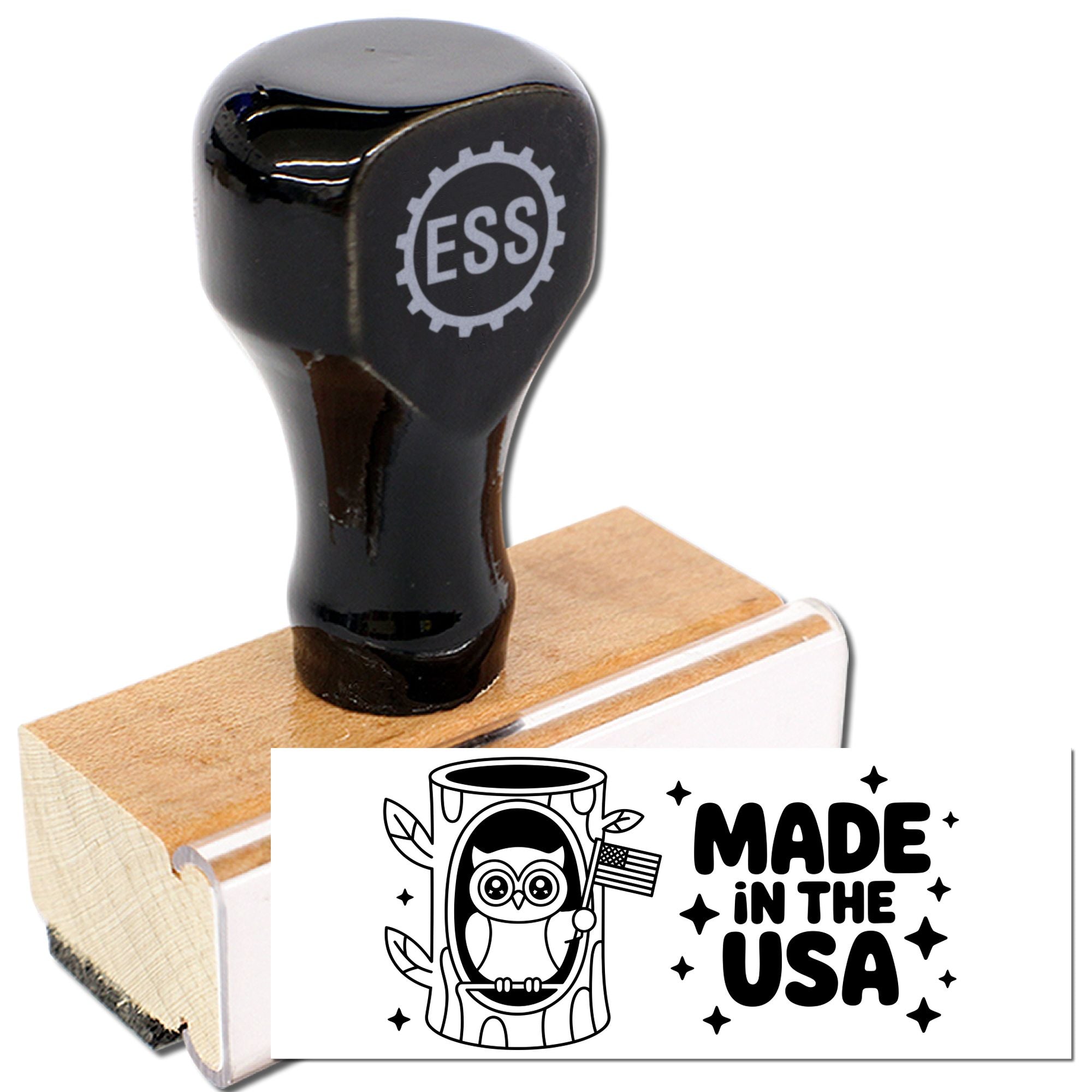 Black ESS stamp and seal with wooden base, plus owl Made in the USA imprint sample.