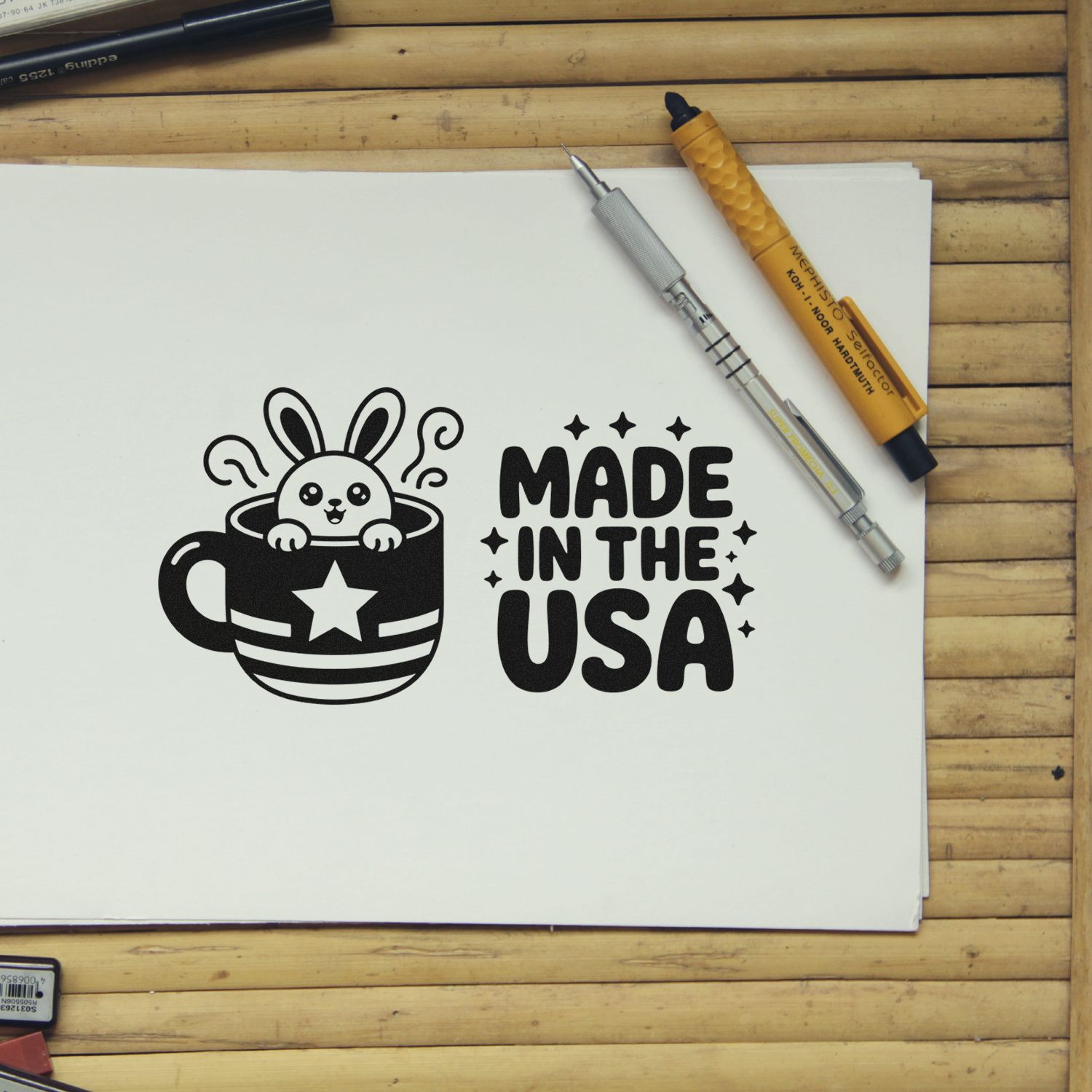 Black rubber stamp and seal designs: bunny in a cup and Made in the USA on white paper with craft pens.