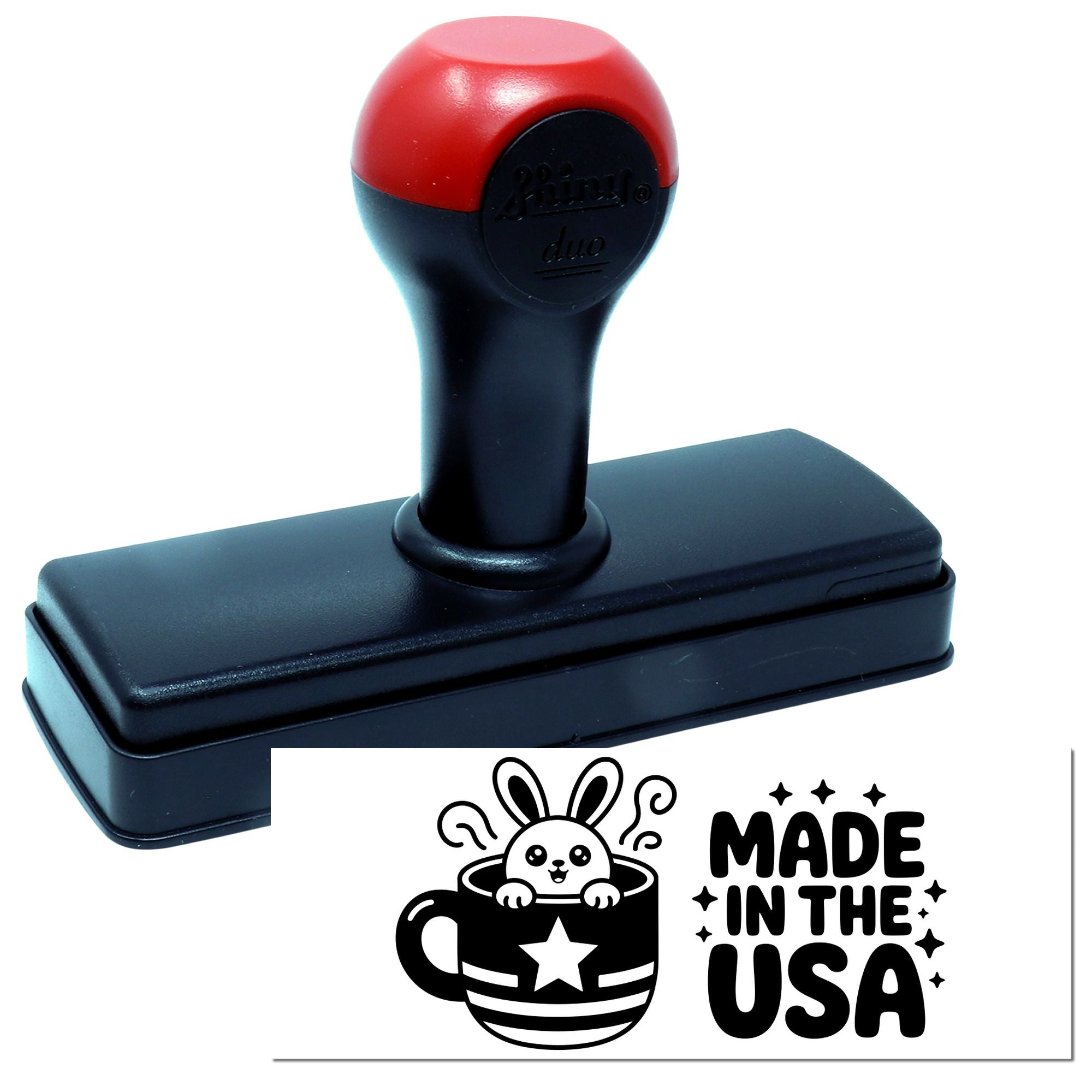 Red and black self-inking stamp and seal with bunny design and Made in the USA imprint.