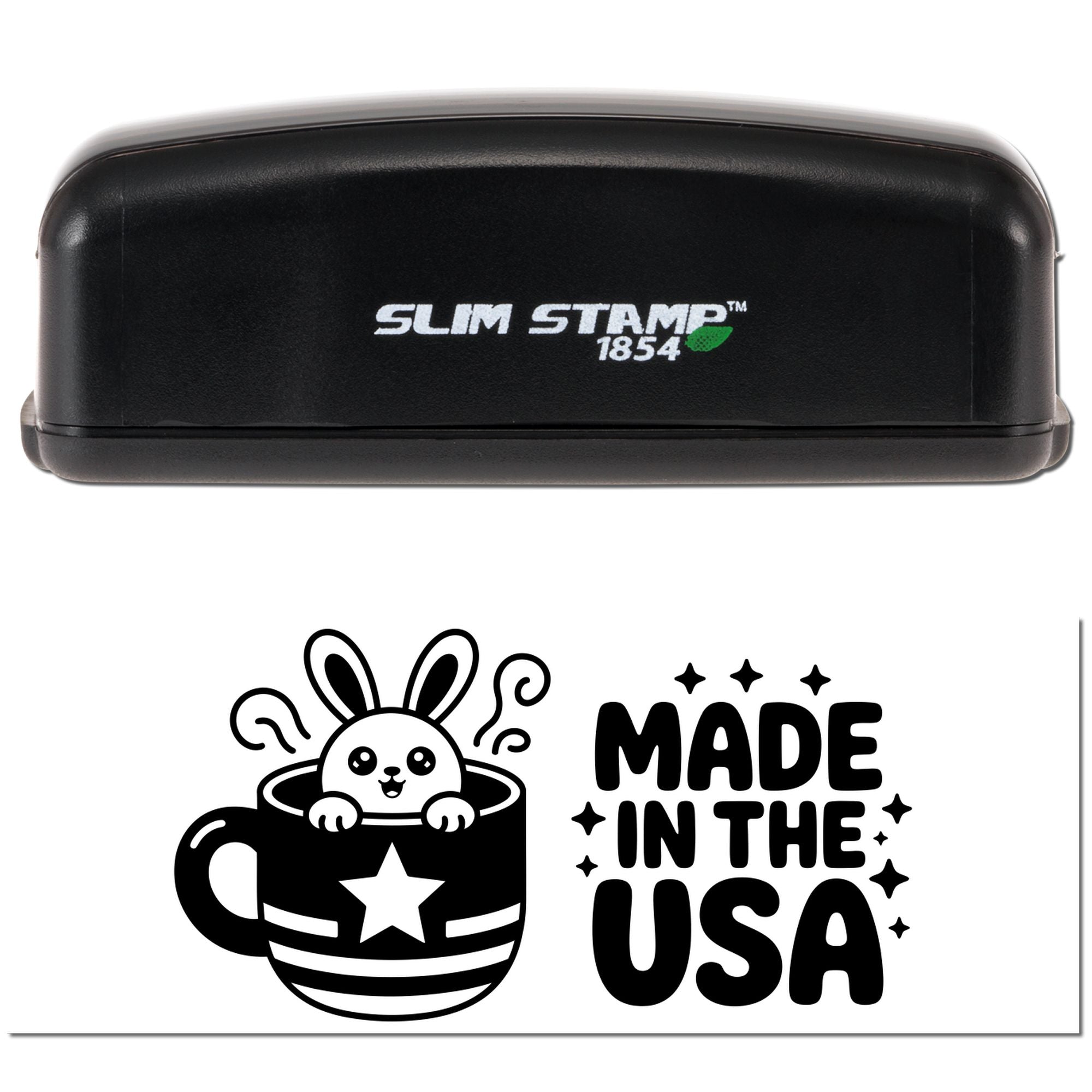 Black Slim Stamp 1854 self-inking stamp and seal set with green logo, bunny-in-mug design, and bold Made in the USA text.
