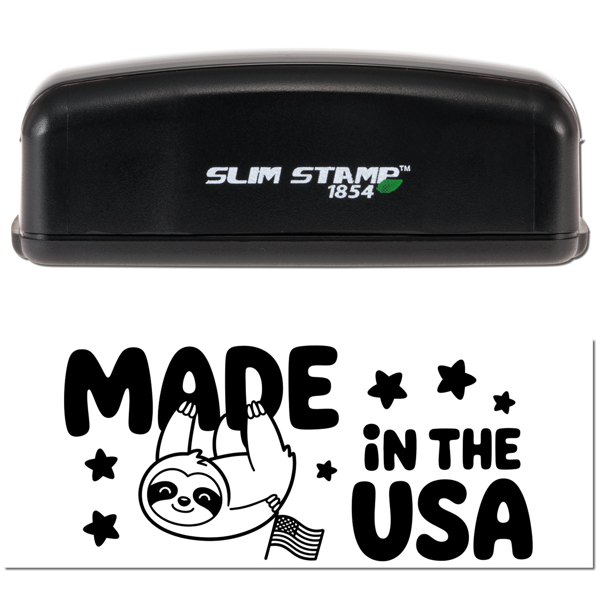 Black Slim Stamp 1854 self-inking stamp and seal product with white Made in the USA sloth design and stars.