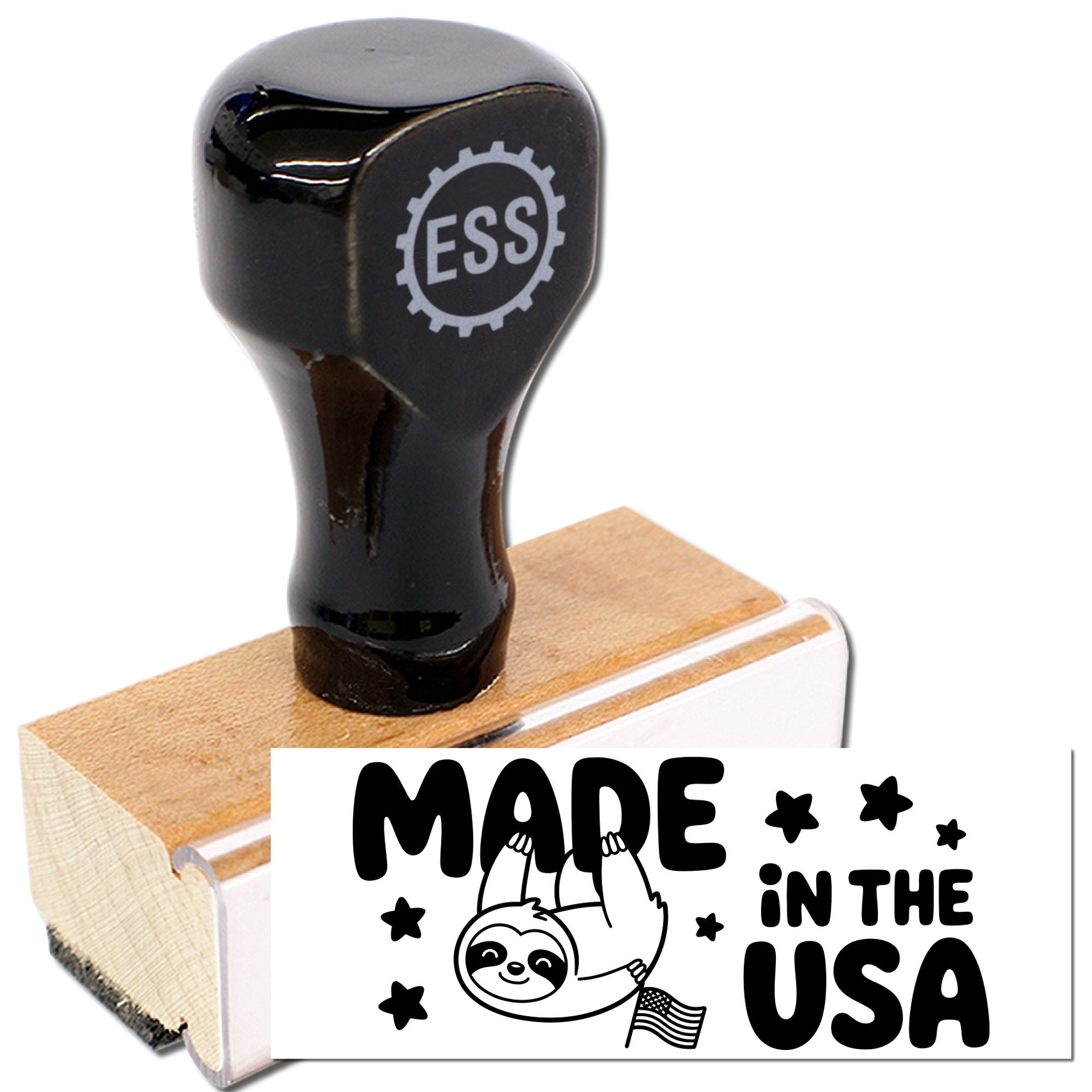 Black rubber stamp and seal set with wooden base, showing a Made in the USA sloth design in bold black and white.