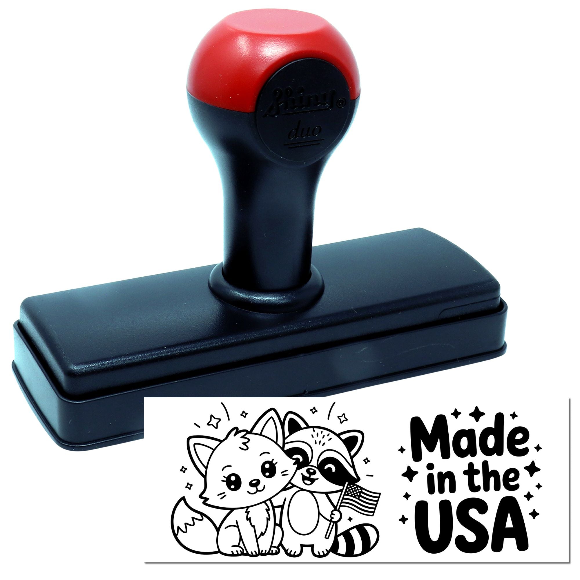 Red and black self-inking stamp and seal with base, displaying a Made in the USA imprint and cartoon animals.