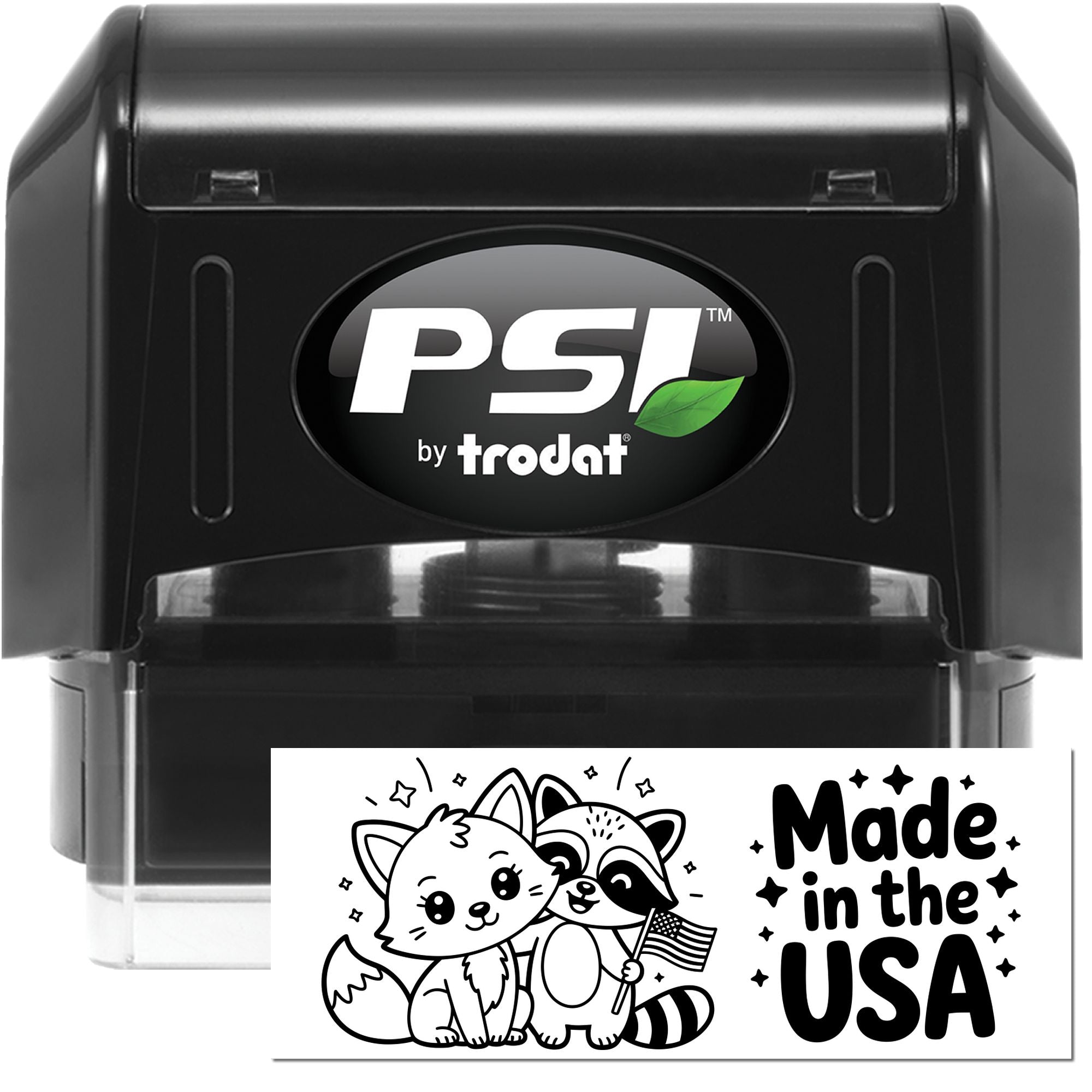 Black PSI by Trodat self-inking stamp and seal, with clear base and custom black Made in the USA imprint.
