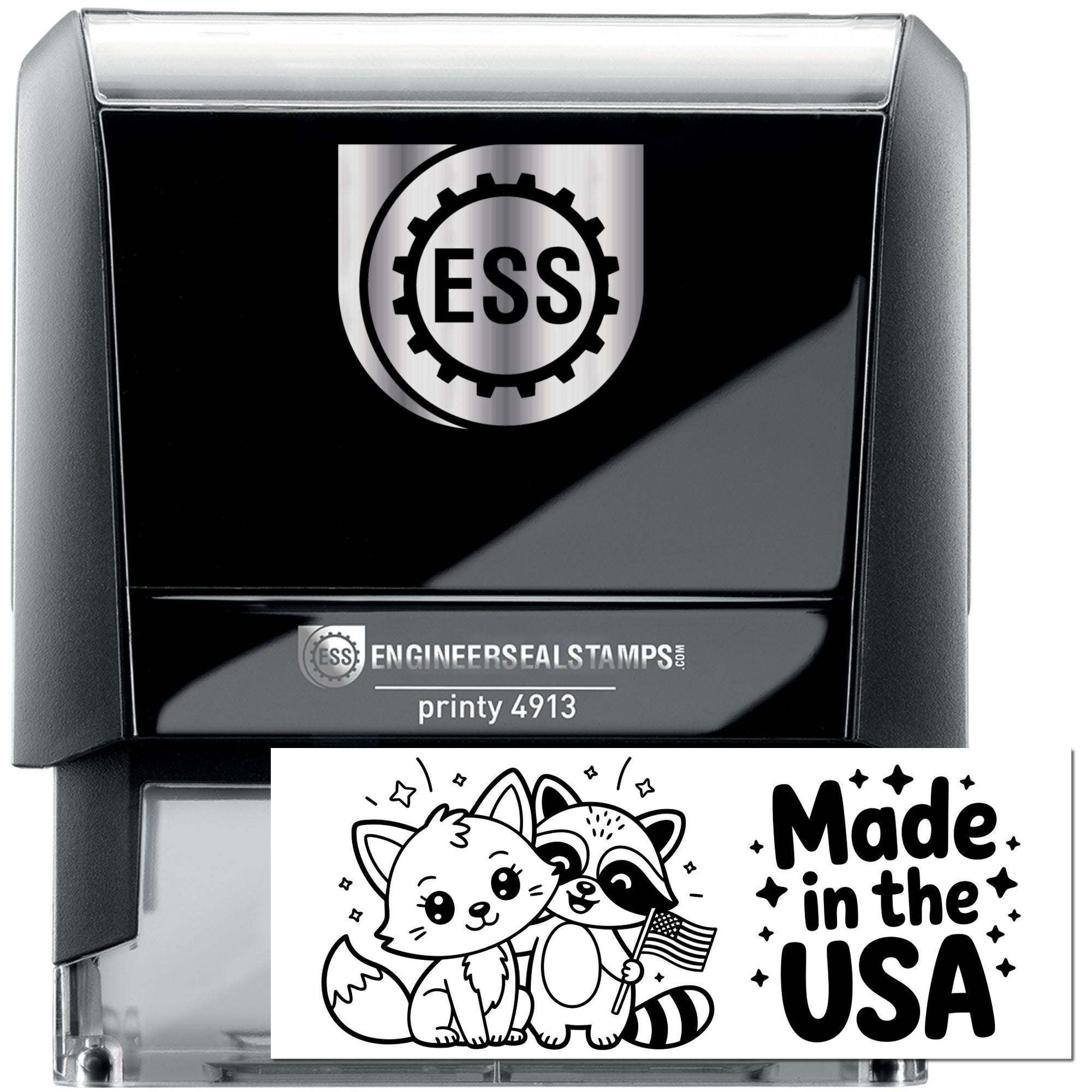 Black and silver self-inking engineer seal stamp with ESS logo and Made in the USA card featuring cartoon fox and raccoon.