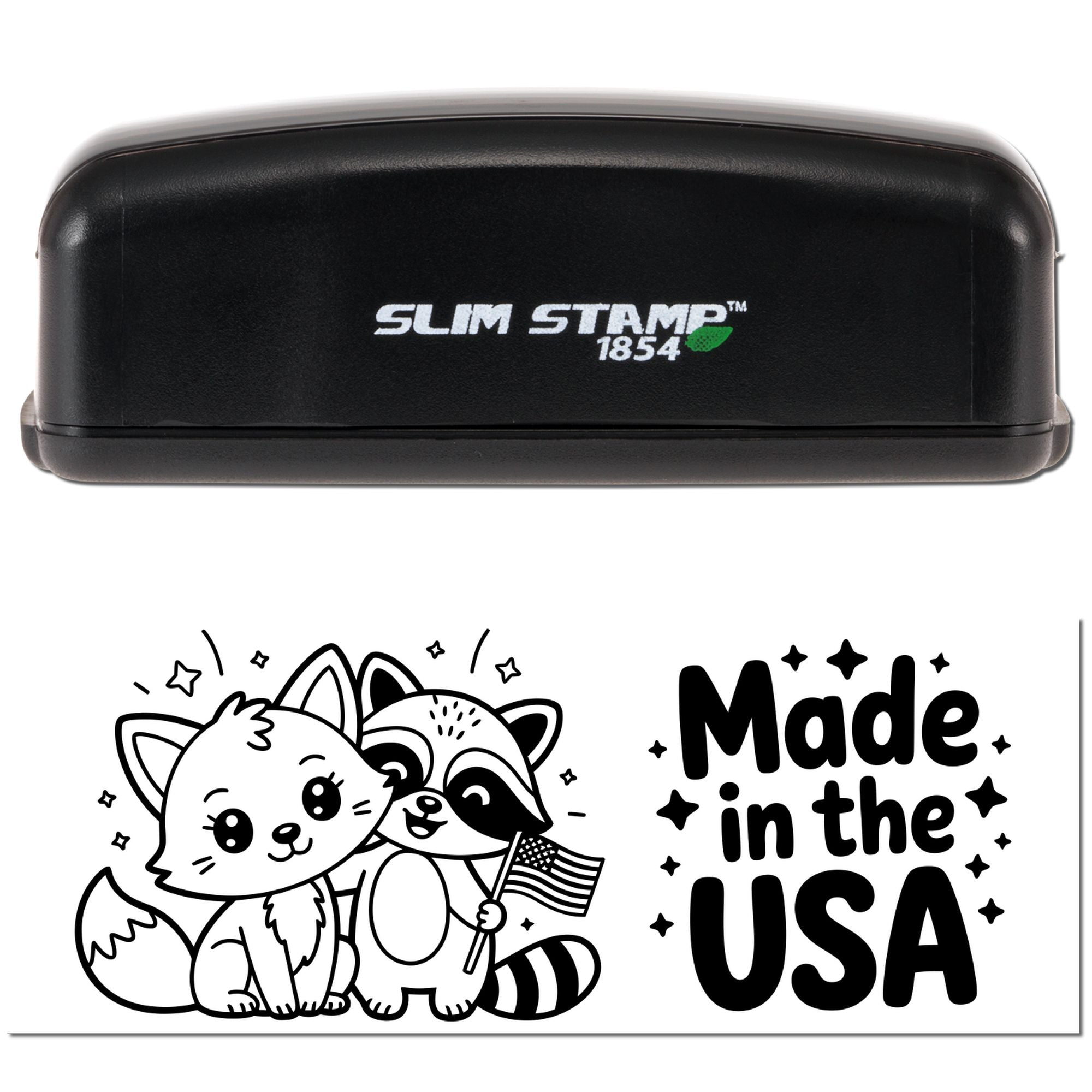 Black Slim Stamp 1854 embossing stamp and seal with black-and-white sample imprint, cartoon fox and raccoon, Made in the USA.