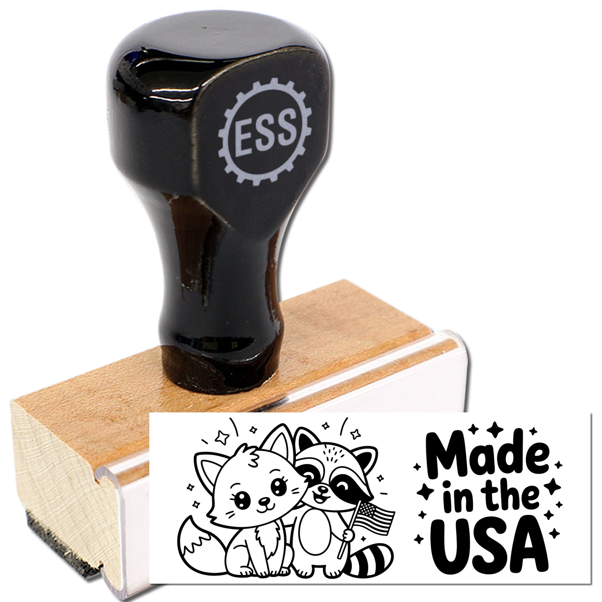 Black ESS rubber stamp with wooden base and white Made in the USA seal featuring fox and raccoon.