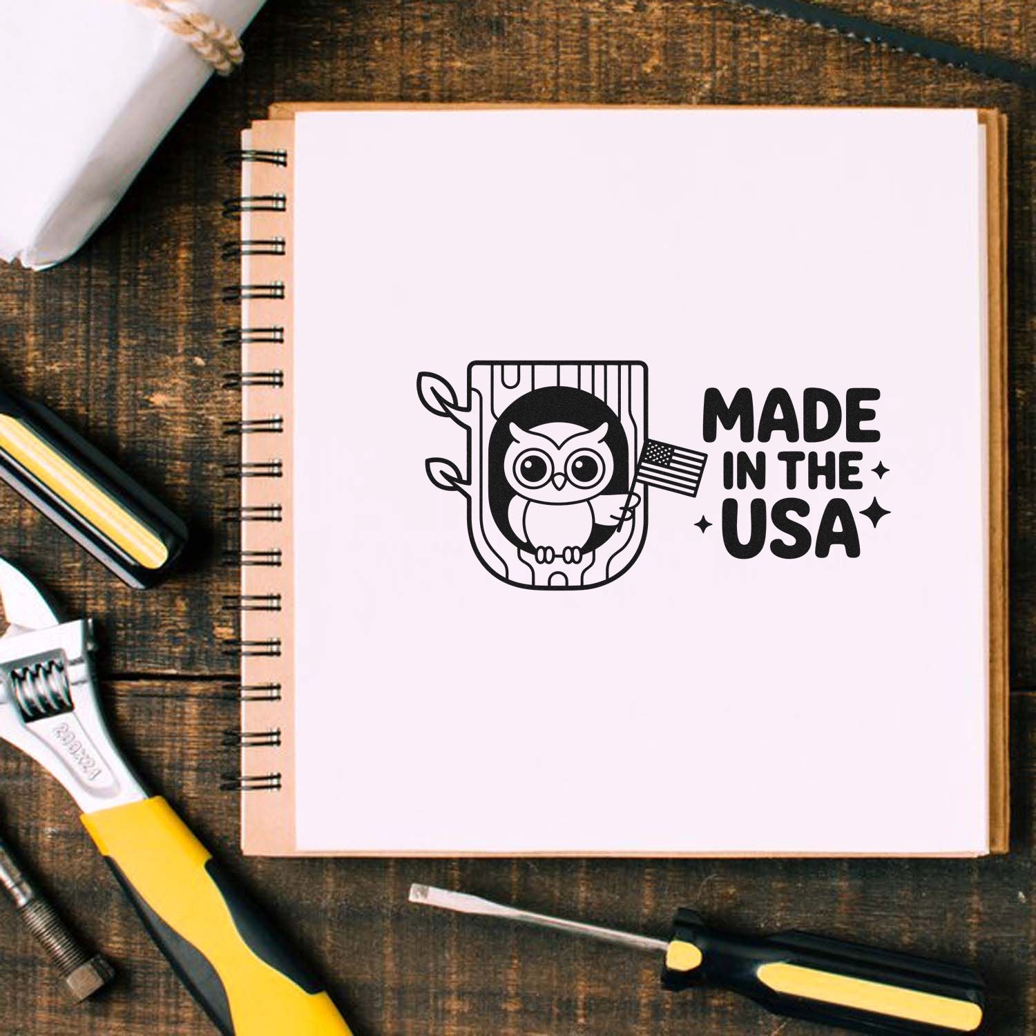 Black owl stamp and seal on white notebook with Made in the USA text, set on rustic wood with yellow-handled tools.