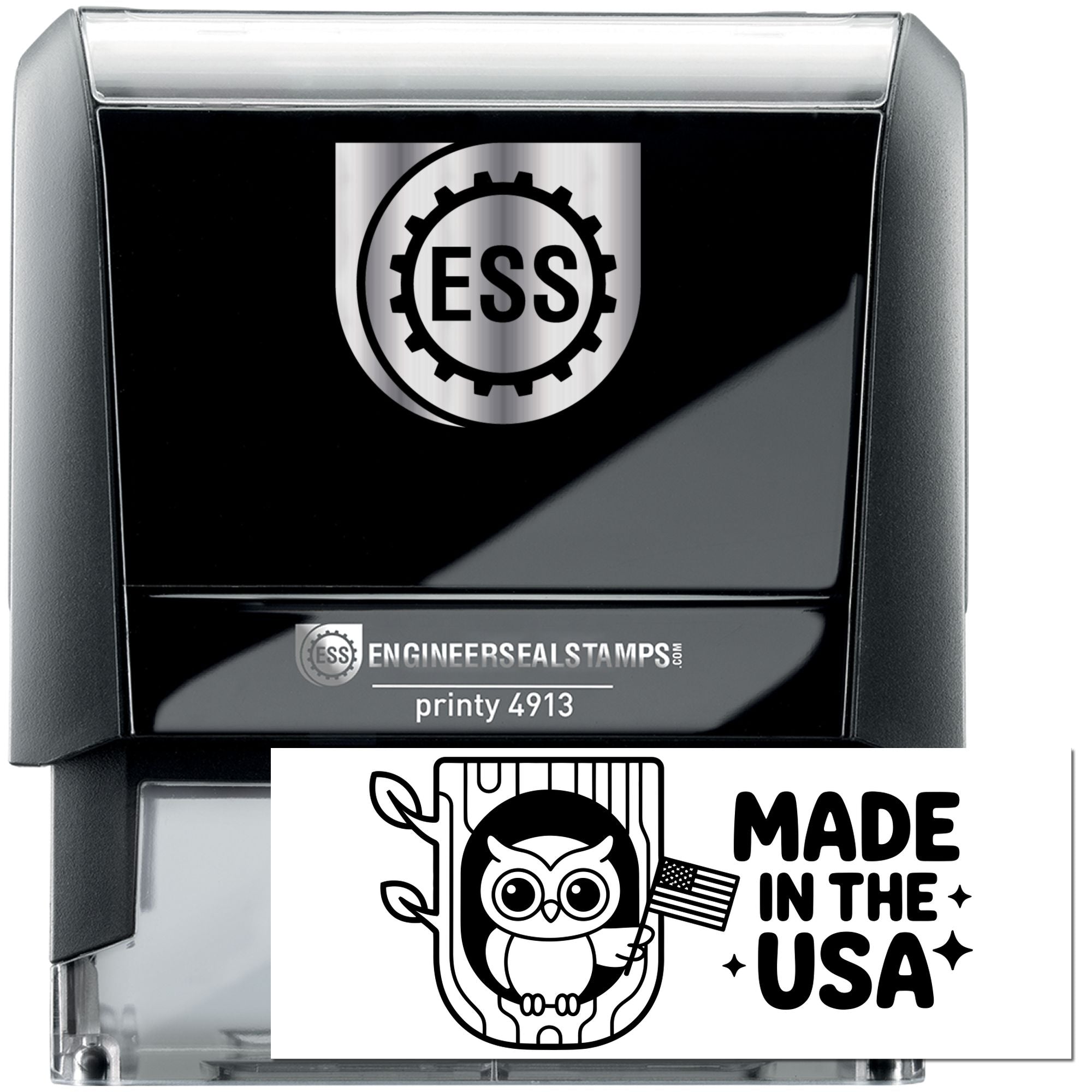 Black ESS self-inking stamp and seal set with silver logo, printy 4913, and white Made in the USA owl seal card.