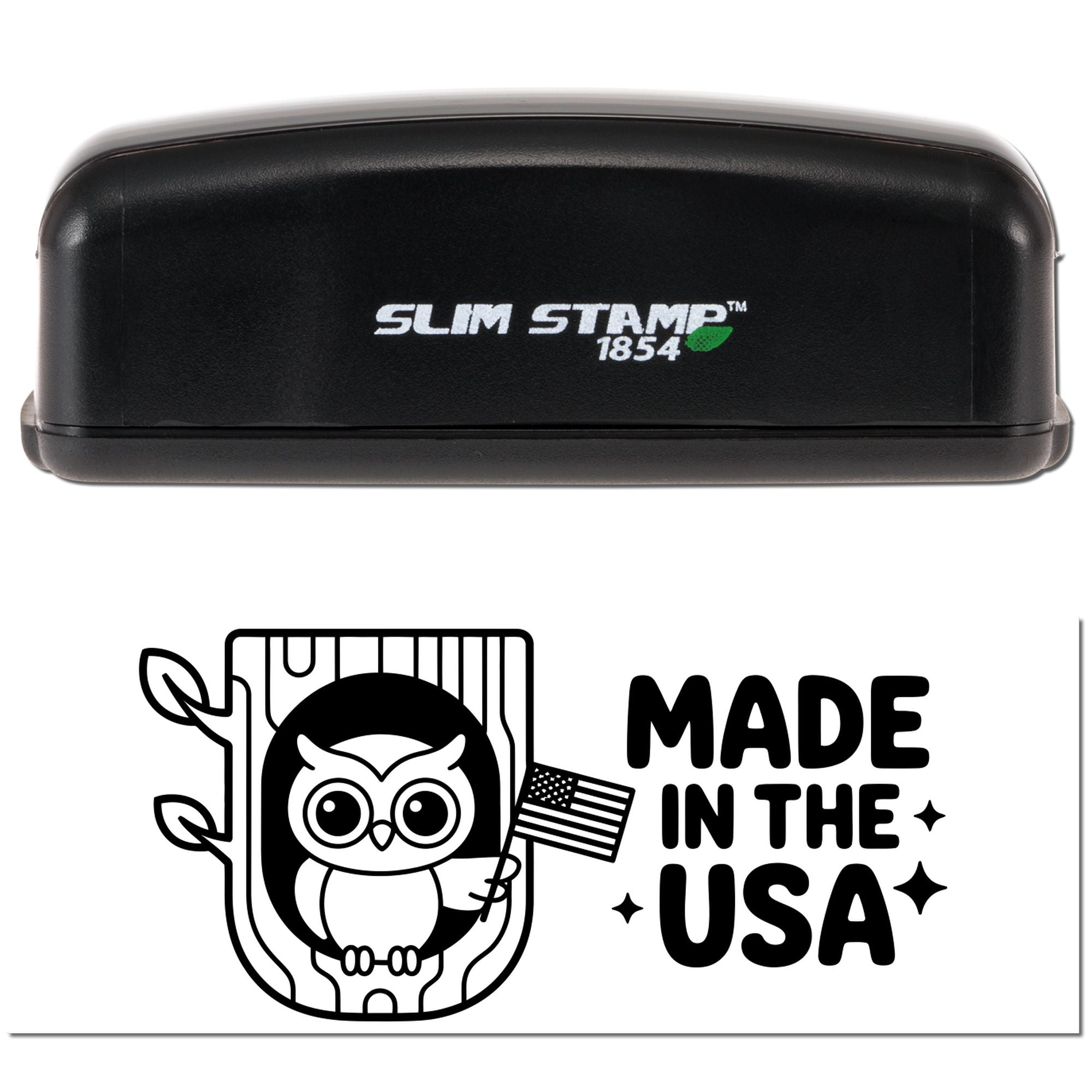 Black Slim Stamp 1854 stamp and seal embosser with owl design and Made in the USA text in black and white.