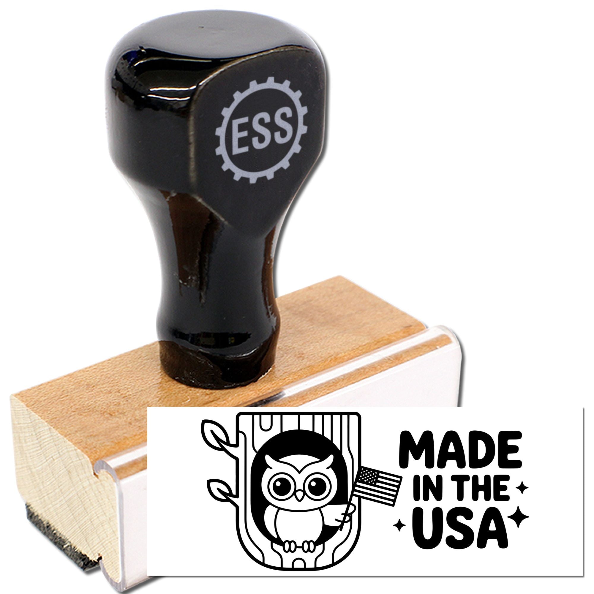 Black custom stamp and wooden seal block with ESS logo and Made in the USA owl seal design