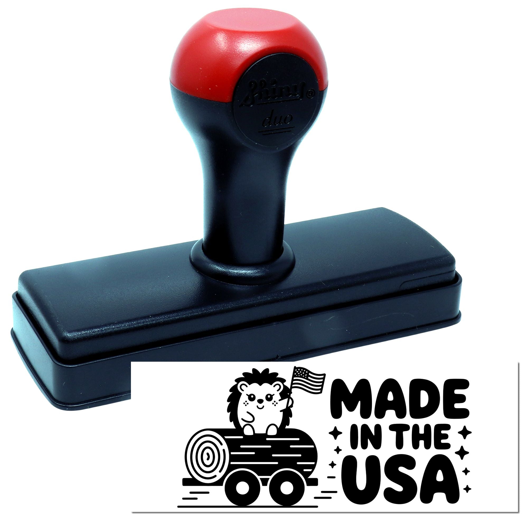 Red and black self-inking stamp with Made in the USA seal graphic and hedgehog logo.