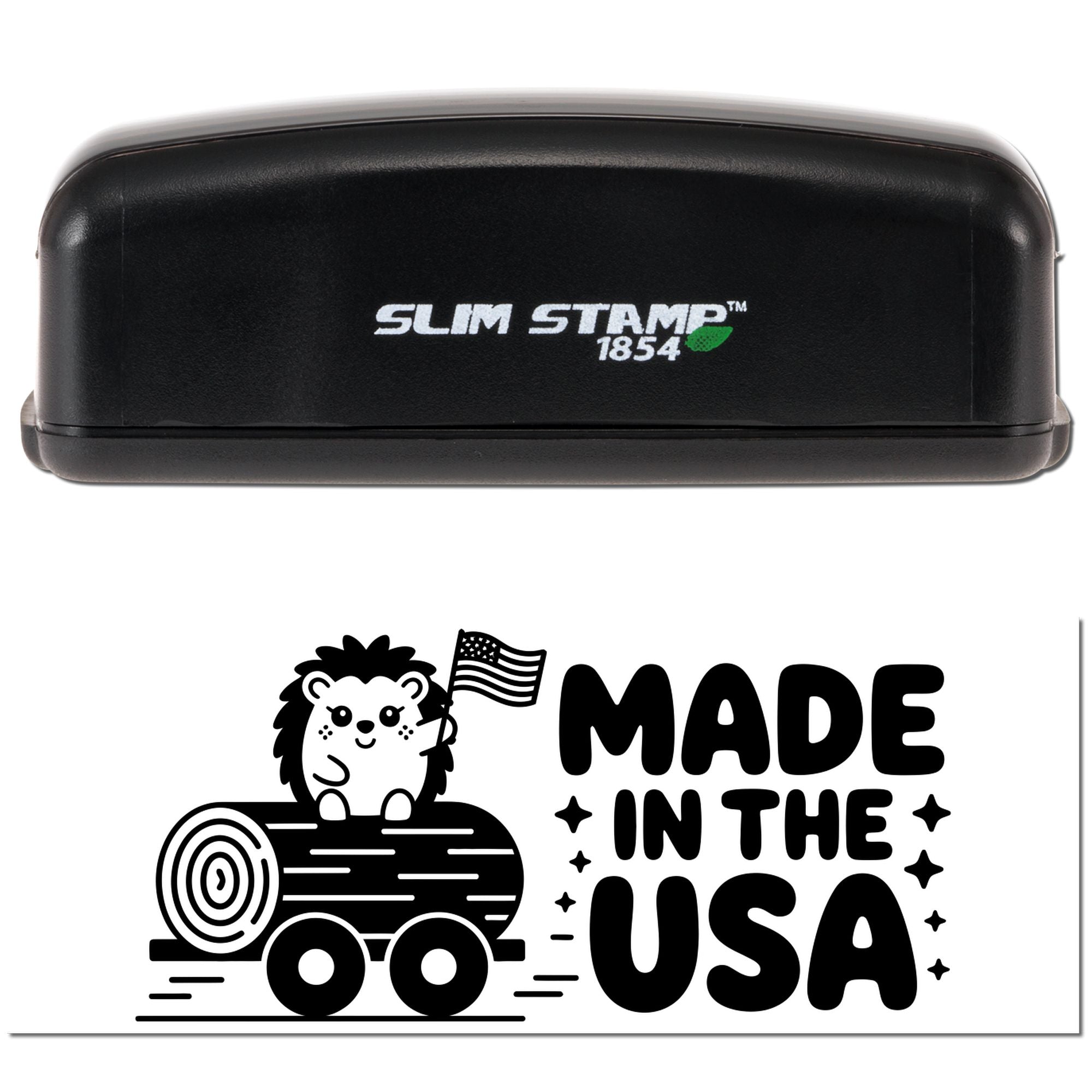 Black Slim Stamp 1854 stamp with hedgehog on log, U.S. flag, and bold Made in the USA seal design.