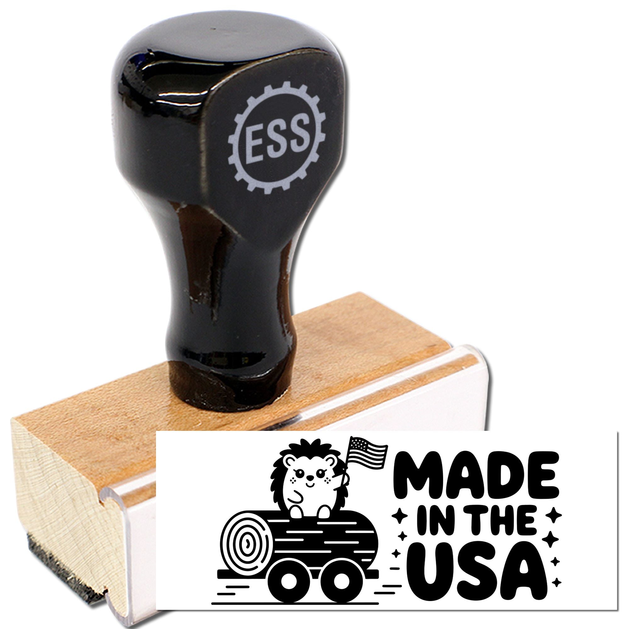 Black stamp and seal set with ESS logo on a wooden handle, plus Made in the USA seal graphic.