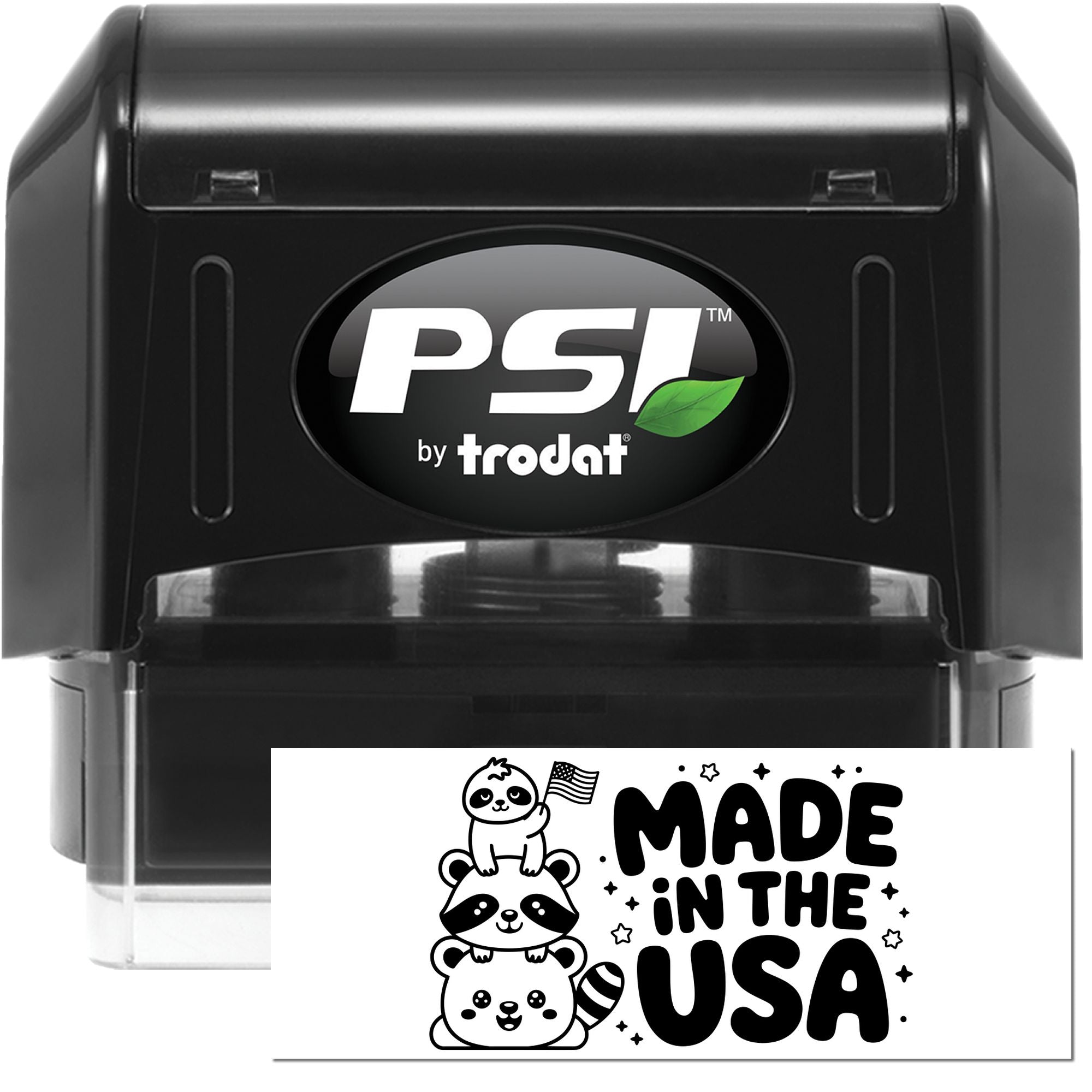 Black PSI by Trodat self-inking stamp and seal with clear base and Made in the USA label.