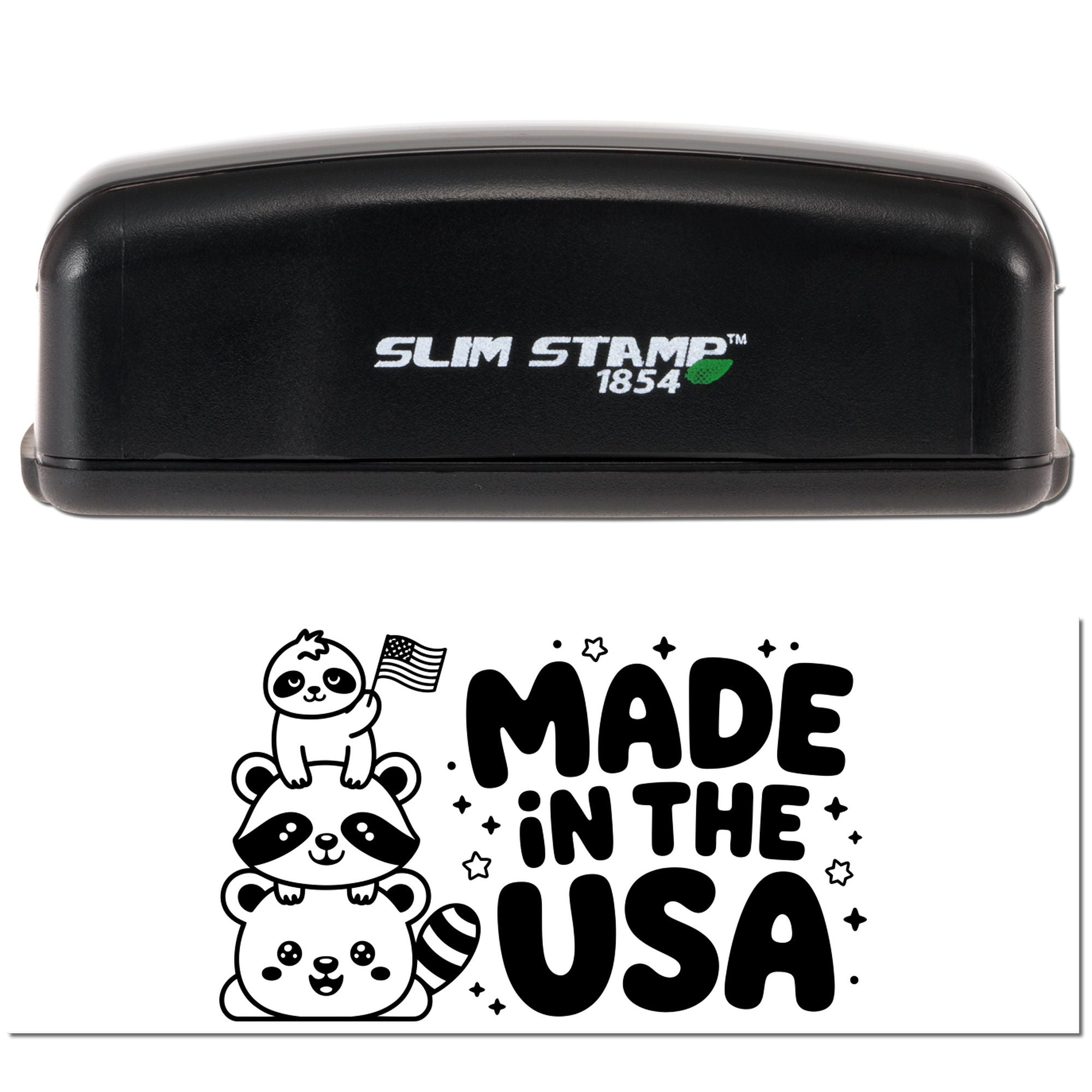 Black Slim Stamp 1854 self-inking stamp and seal set with Made in the USA panda design and animal seal.