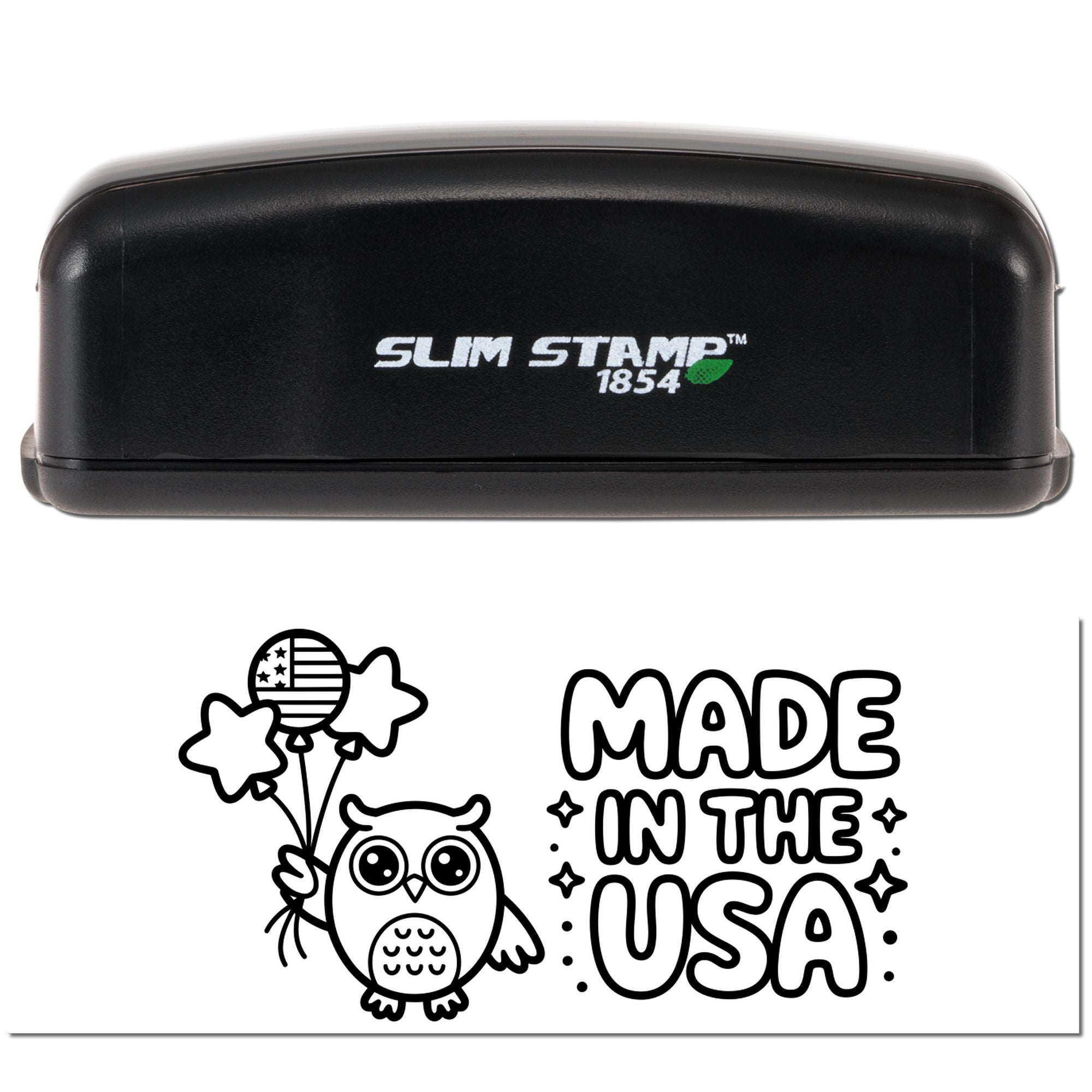 Black Slim Stamp 1854 self-inking stamp and seal with white owl, balloons, and Made in the USA design on a white card.