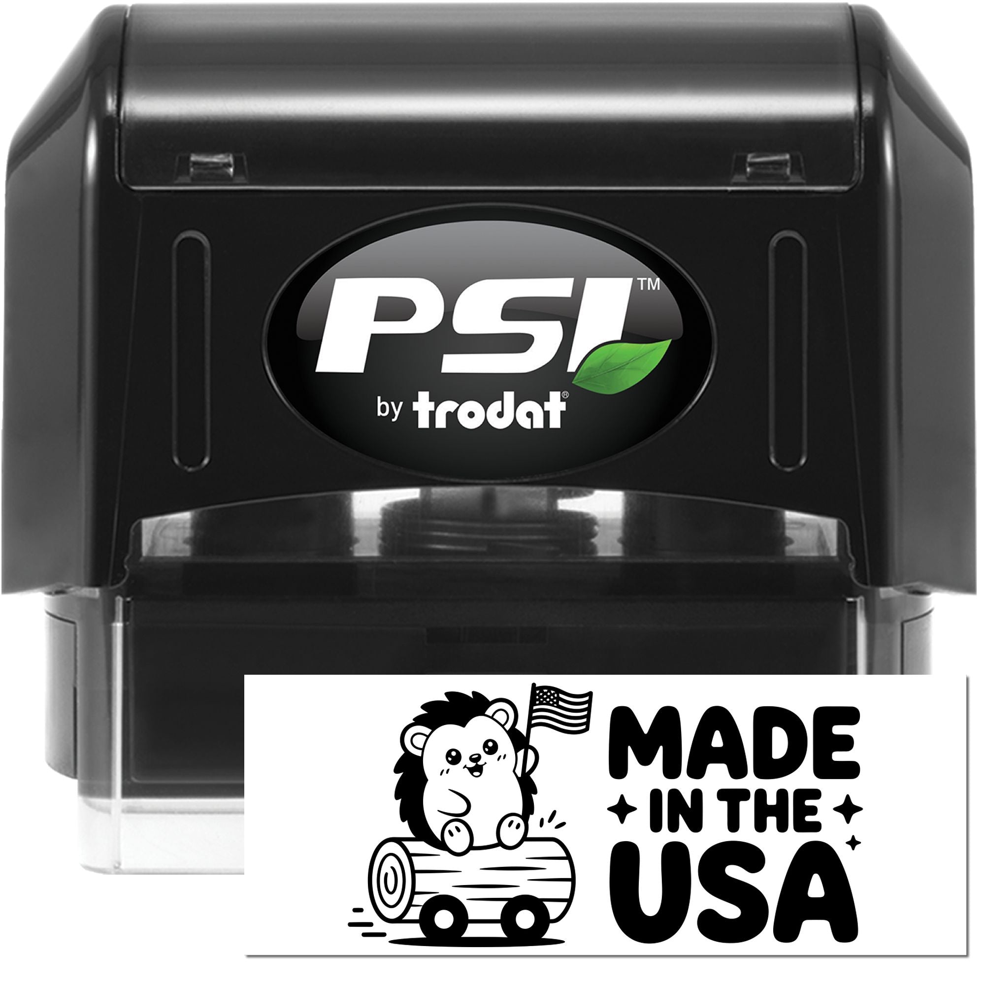 Black PSI by Trodat self-inking stamp with clear seal window and white Made in the USA label.