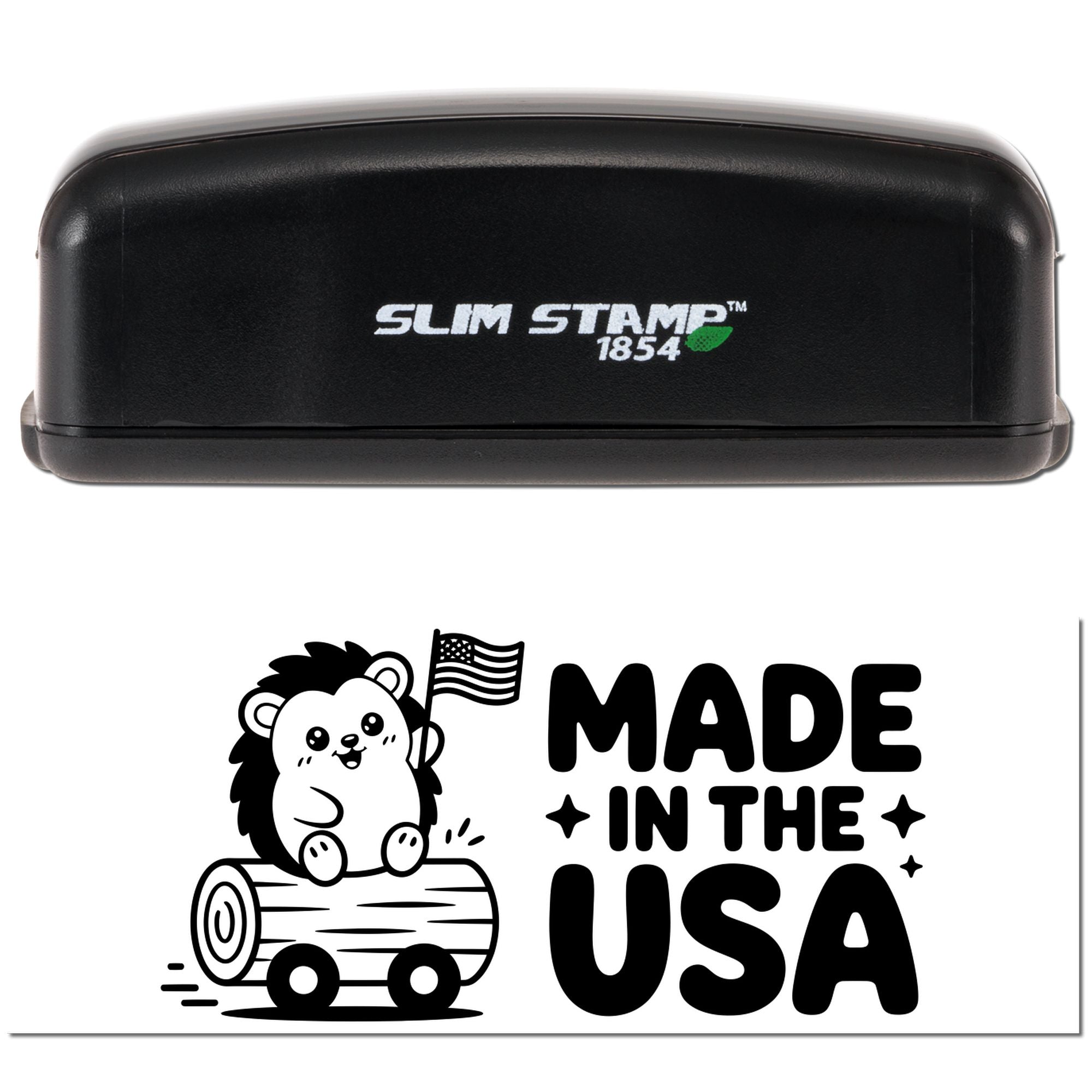 Black Slim Stamp 1854 self-inking stamp with black-and-white Made in the USA bear and flag seal design