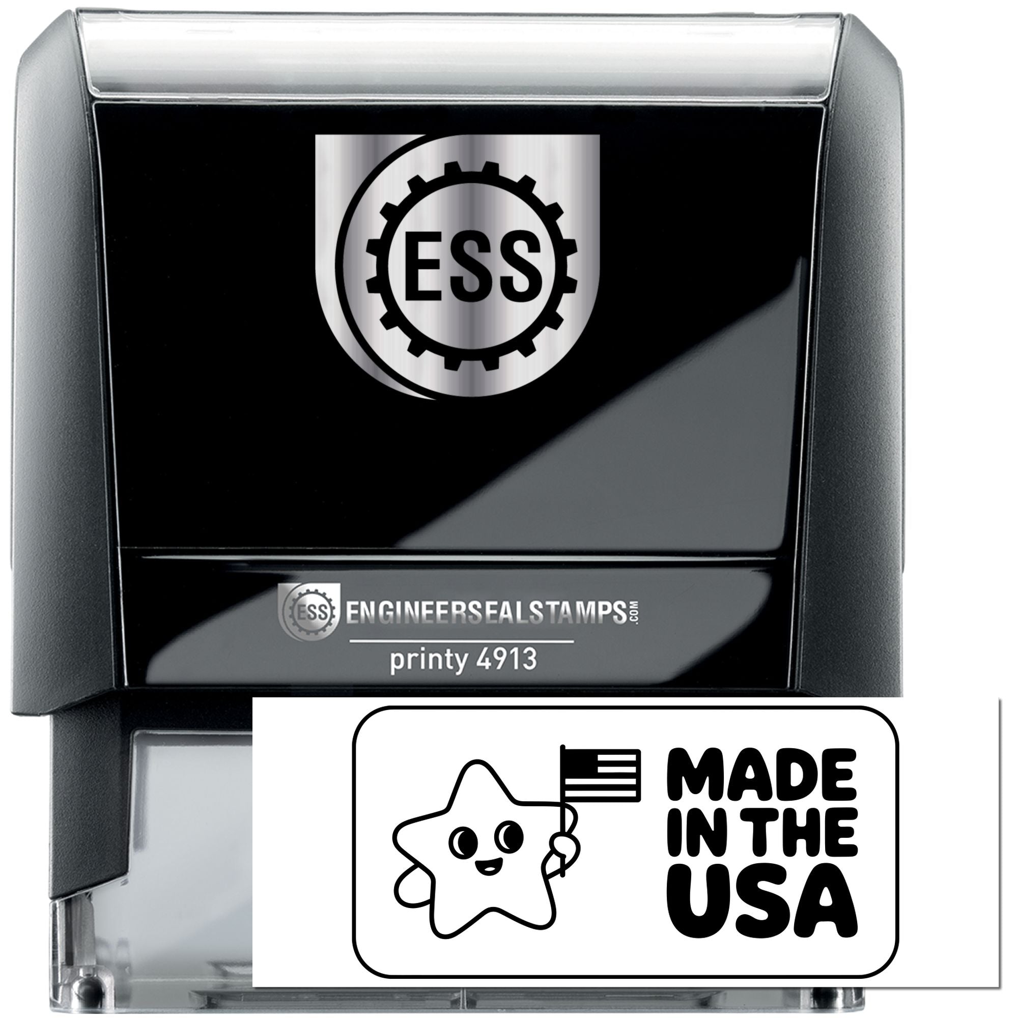 Black self-inking ESS stamp with silver trim, plus white Made in the USA seal insert
