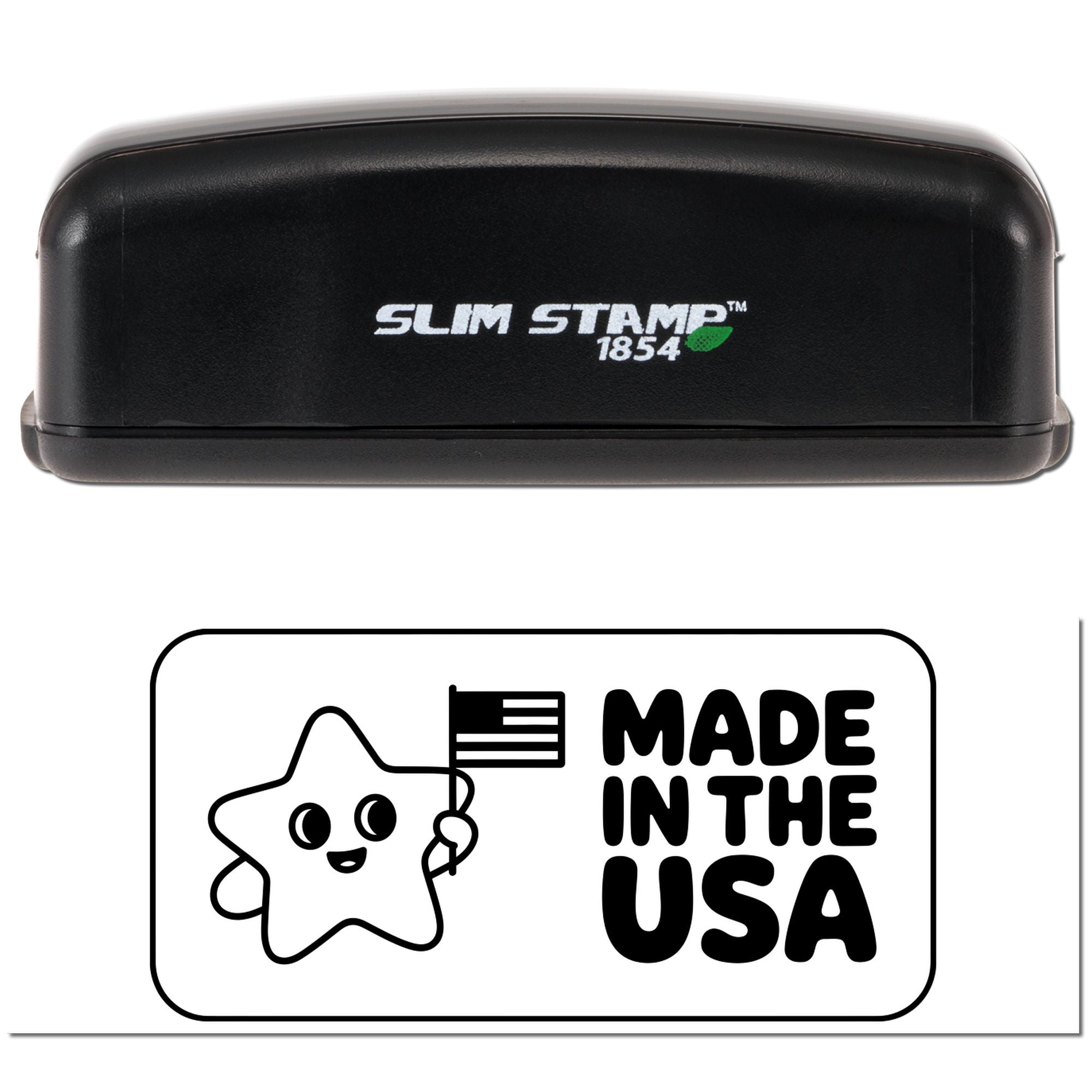 Black Slim Stamp 1854 stamp and seal set with white Made in the USA design and smiling star mascot.