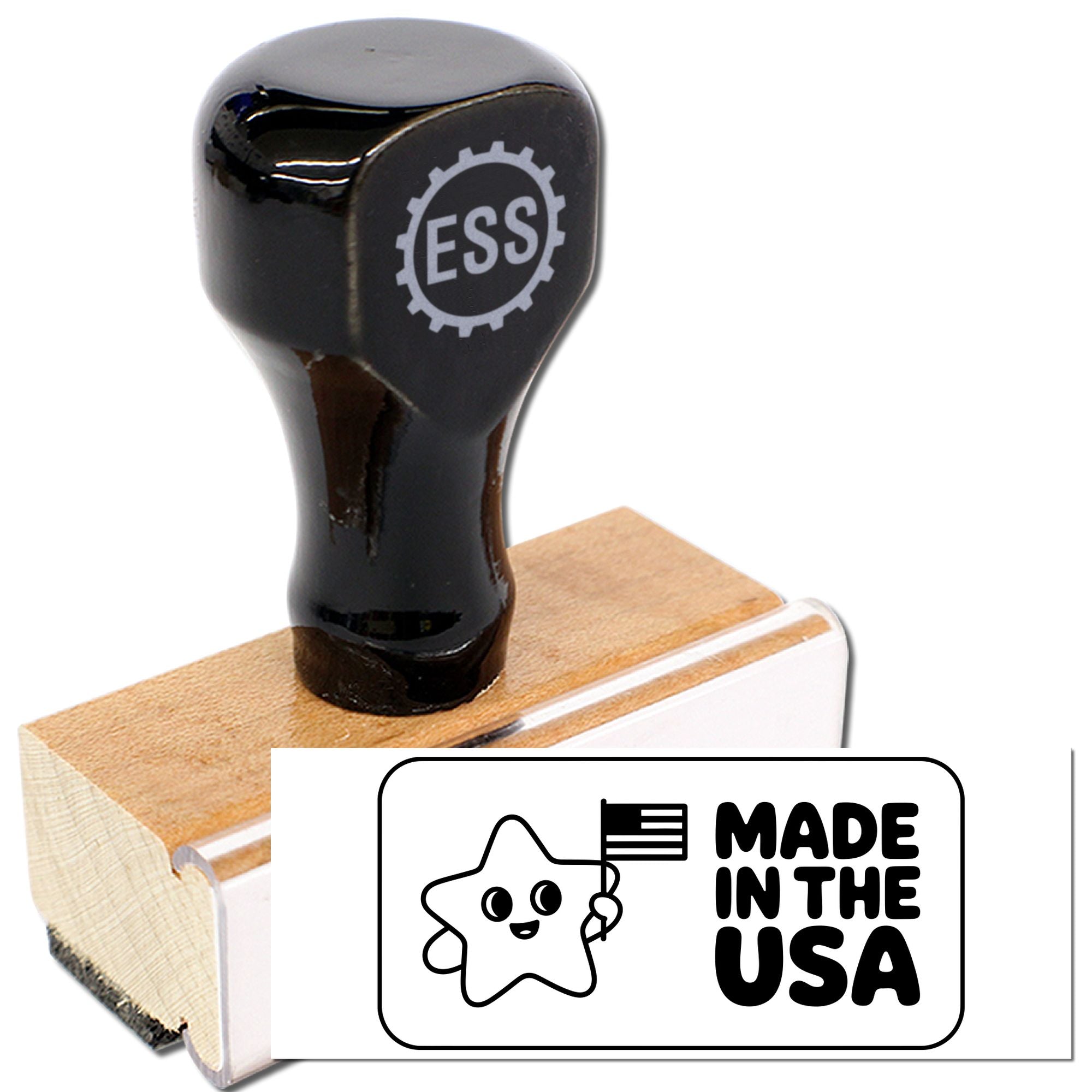 Black rubber stamp with ESS logo on wood base, paired with a Made in the USA seal.