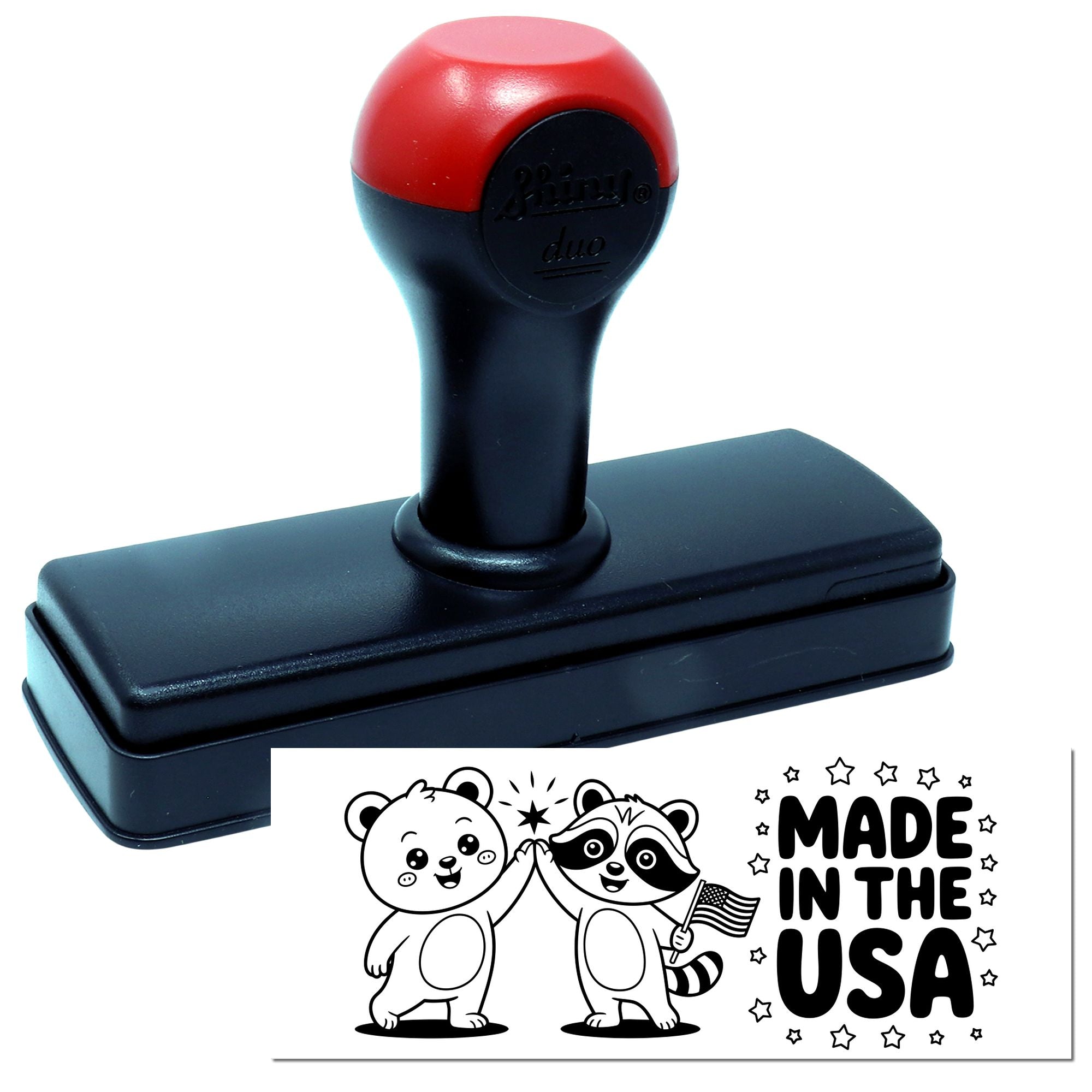 Red and black self-inking stamp with custom seal featuring cartoon bears and Made in the USA text.