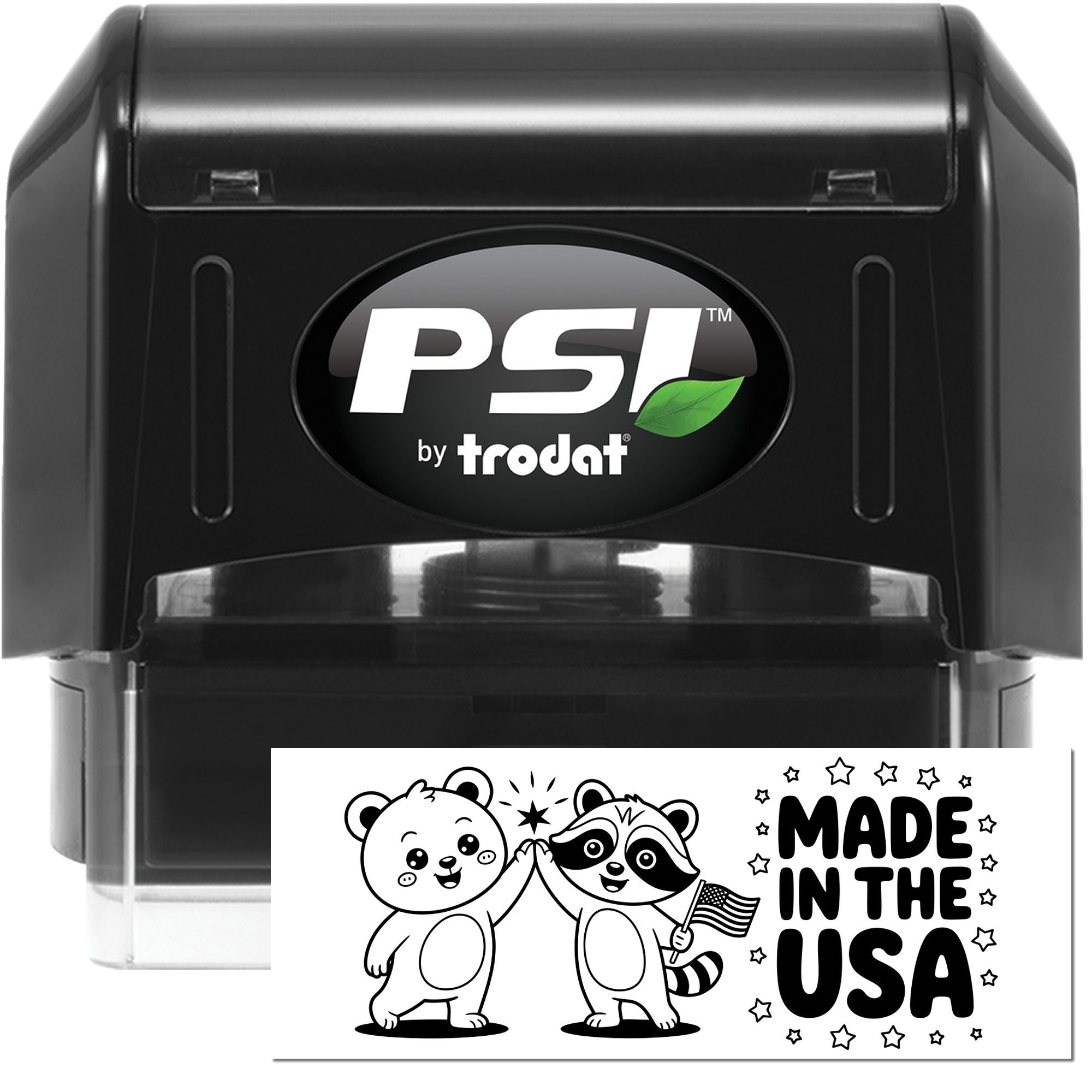 Black PSI by Trodat self-inking stamp and seal set in black with green leaf logo and Made in the USA design.