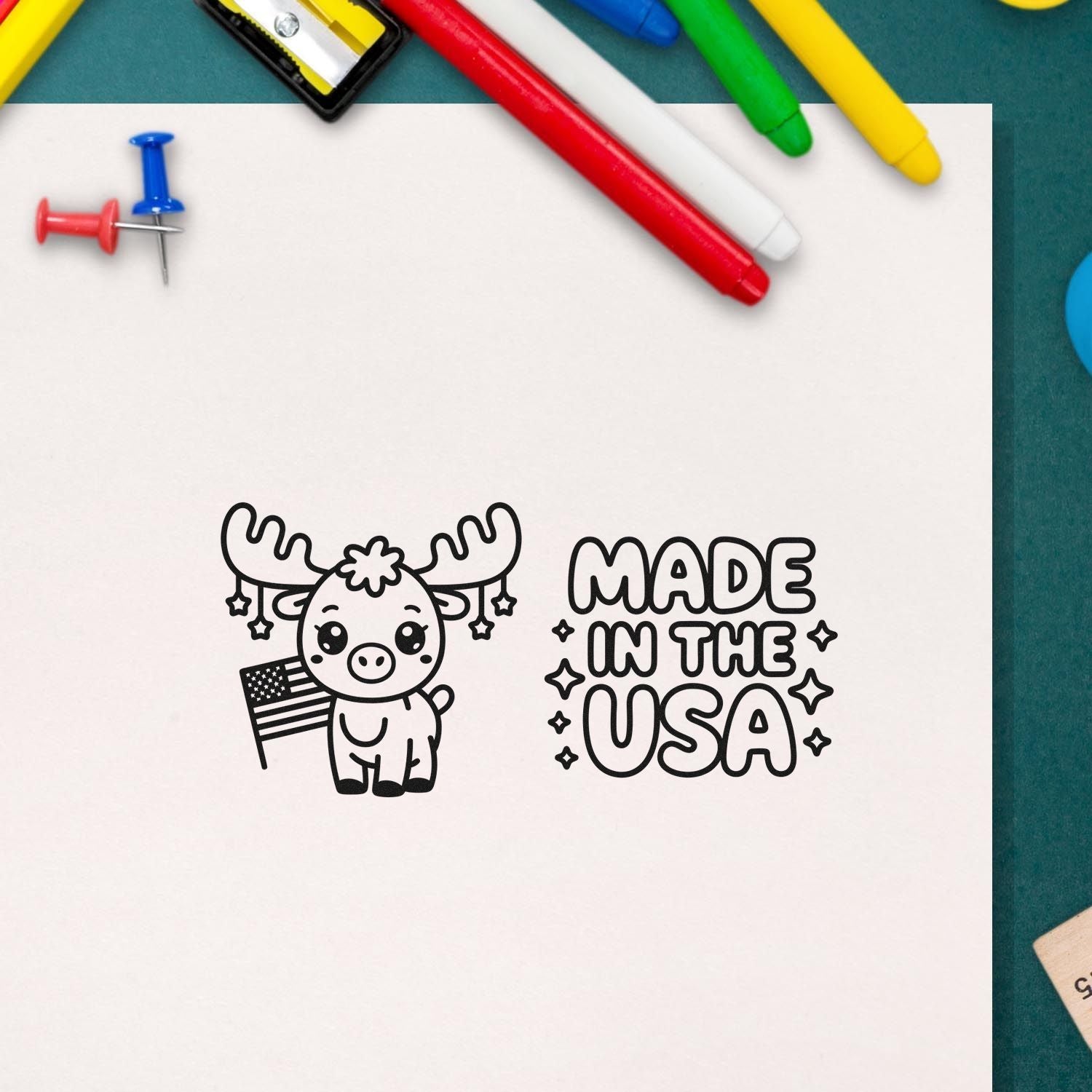 Custom stamp and seal design in black: moose with USA flag and MADE IN THE USA text, with red, blue, green, and yellow markers.