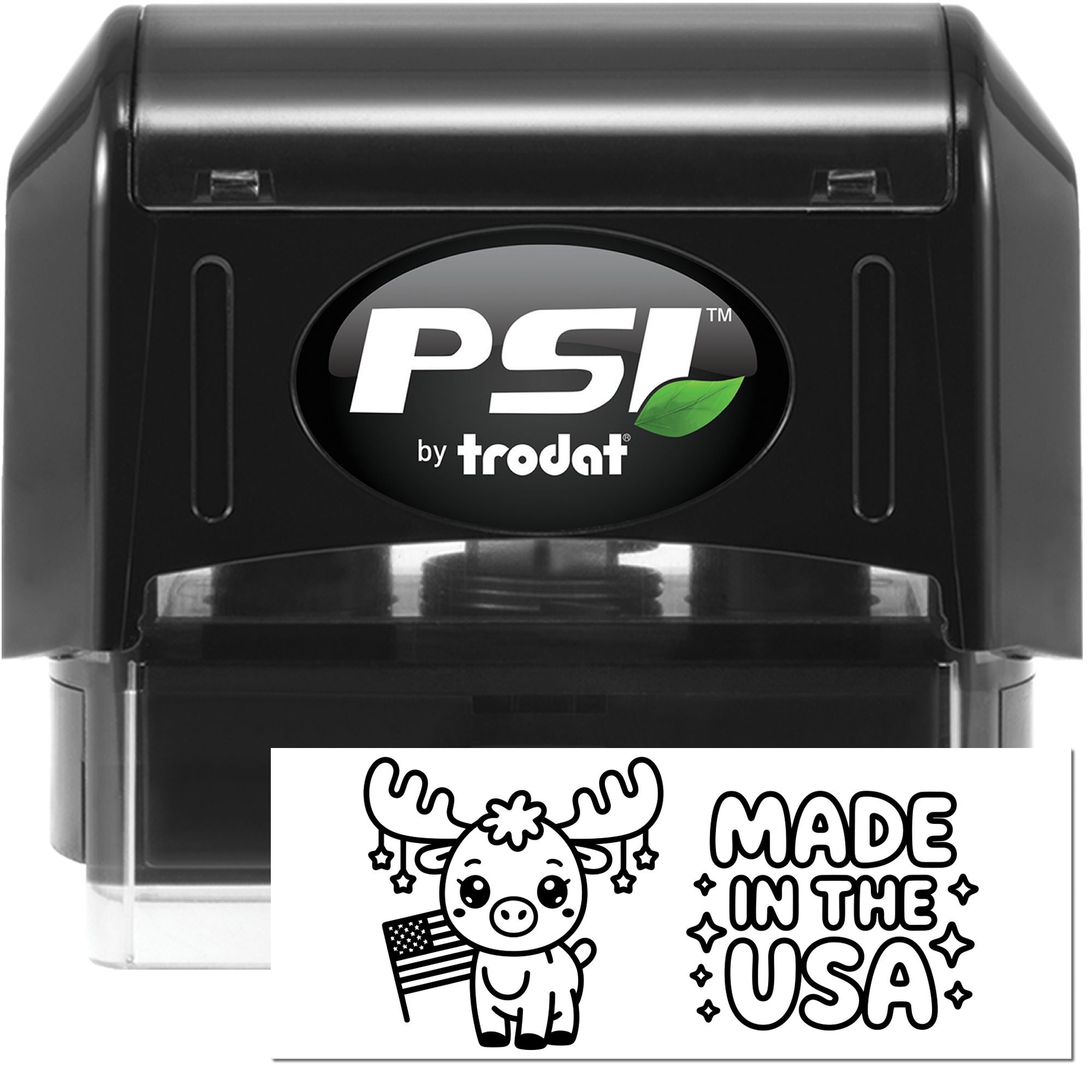 Black PSI by Trodat self-inking stamp and seal with Made in the USA moose design, green leaf logo, and white imprint.