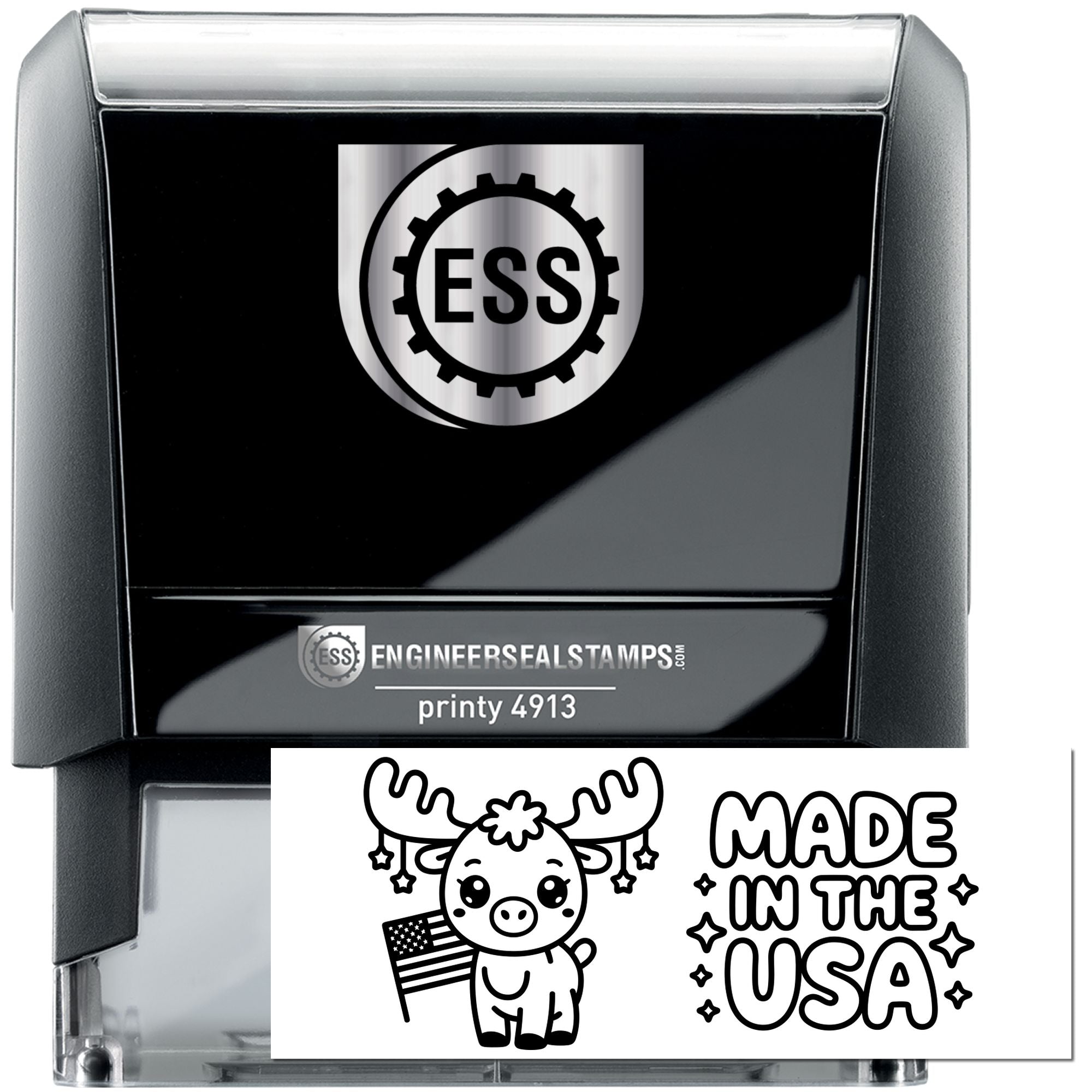 Black self-inking engineer seal stamp with silver ESS logo and clear handle, plus Made in the USA card.