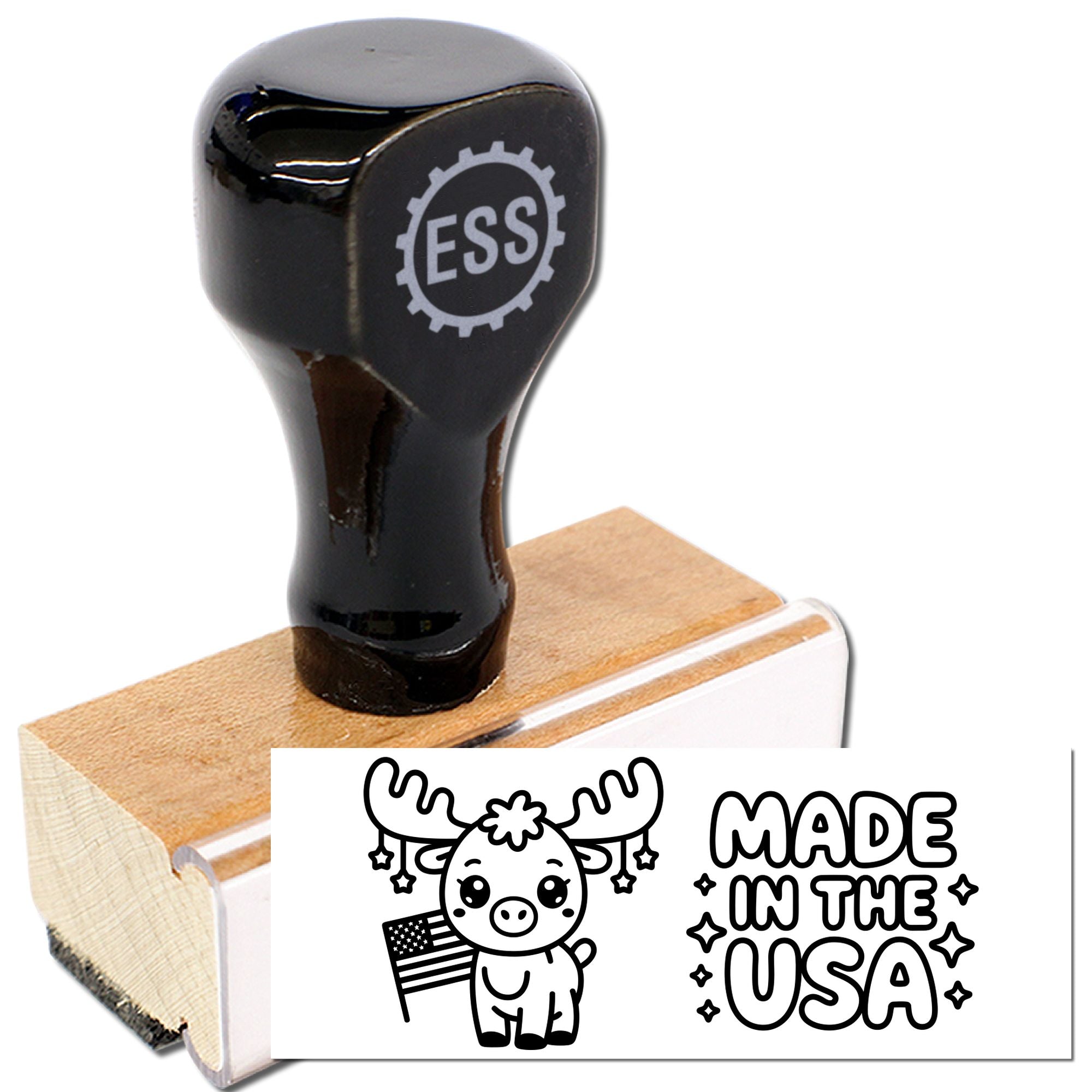 Black ESS stamp handle on a wooden block with a USA seal design, moose graphic, and Made in the USA text.