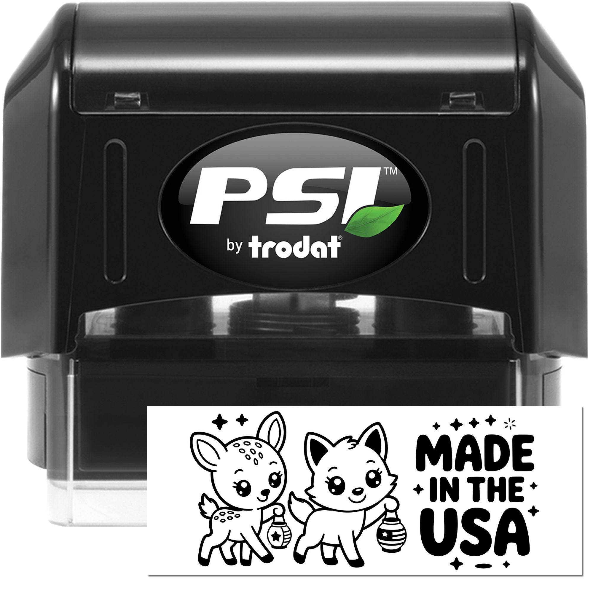Black PSI by Trodat self-inking stamp with white custom seal card featuring cartoon deer and fox, Made in the USA.