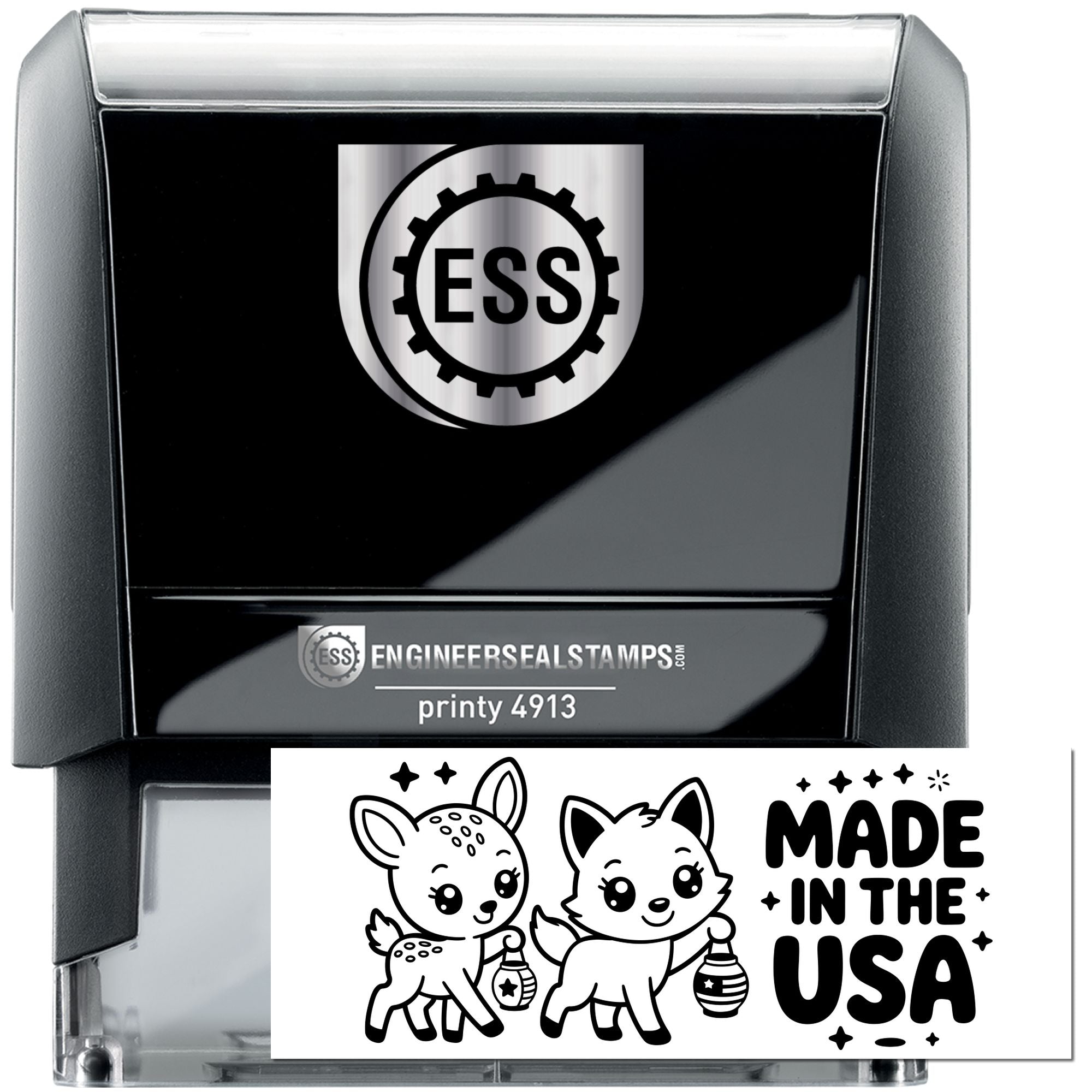 Black self-inking stamp and seal with silver top, ESS logo, and white Made in the USA design with deer and fox.