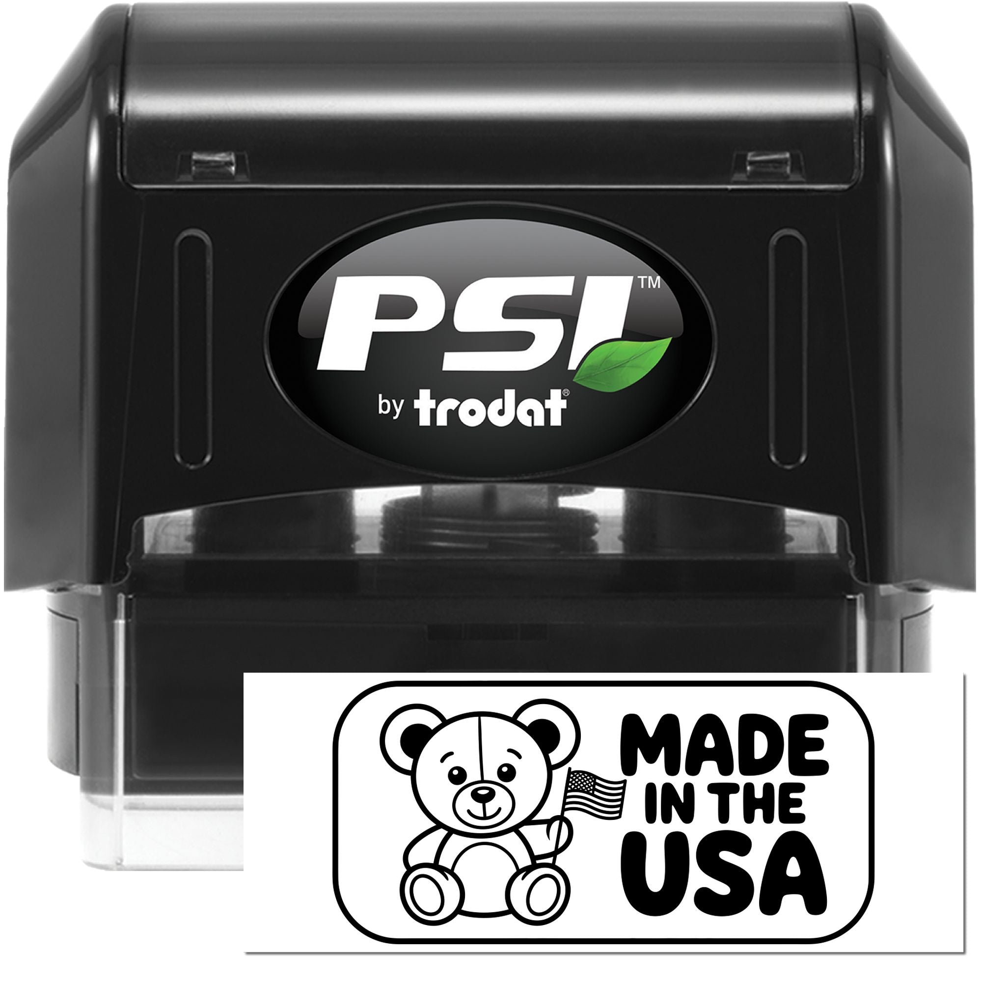 Black PSI by Trodat self-inking stamp and white Made in the USA seal with teddy bear and flag.