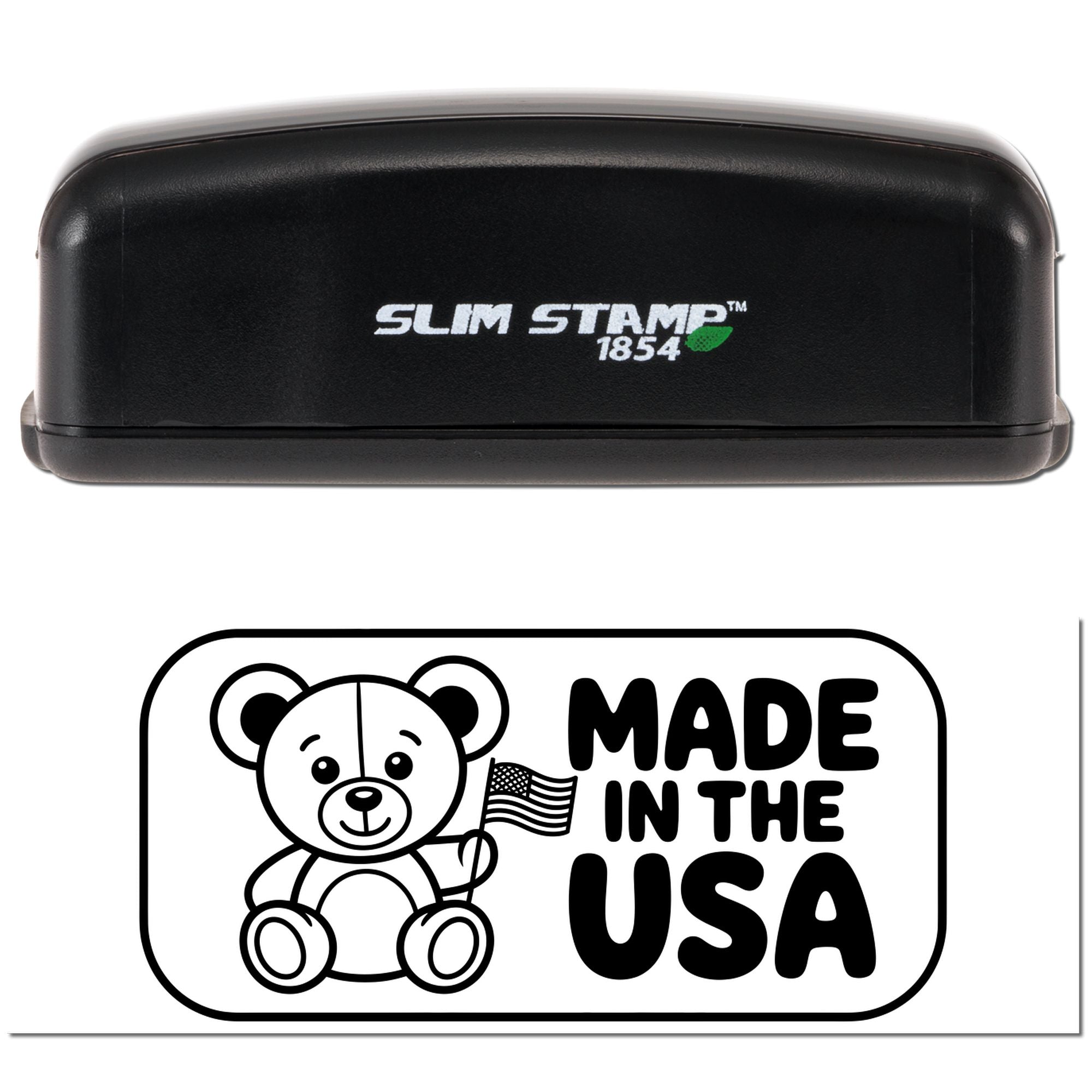 Black Slim Stamp 1854 stamp and seal with teddy bear, U.S. flag, and bold Made in the USA text.