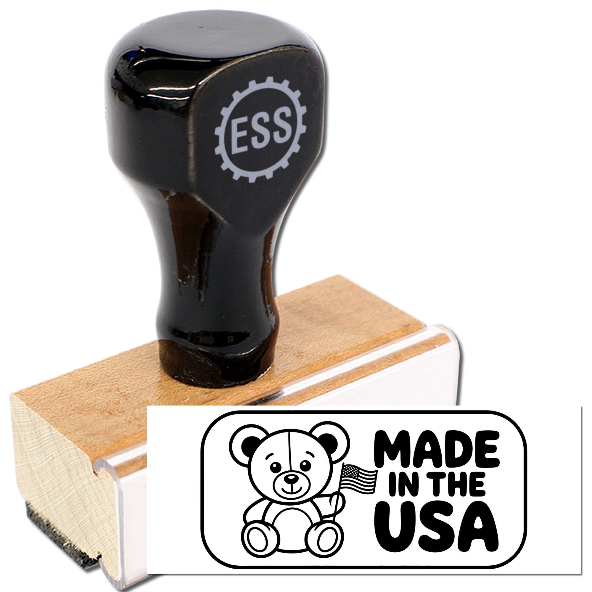 Black ESS self-inking stamp on wooden block with white Made in the USA seal and teddy bear graphic