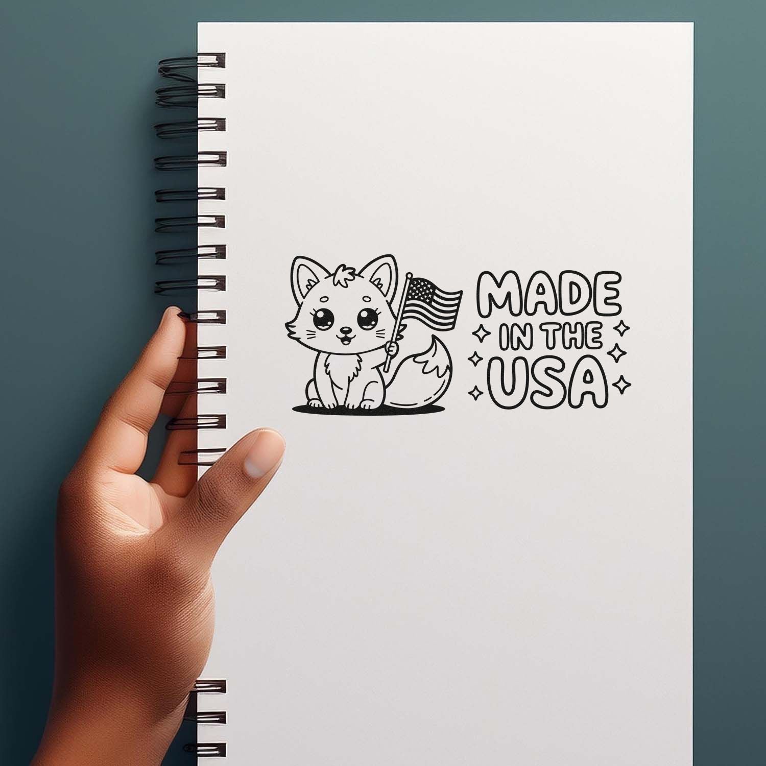 Black stamp seal on white spiral notebook: cute fox holding a U.S. flag with Made in the USA on teal background.
