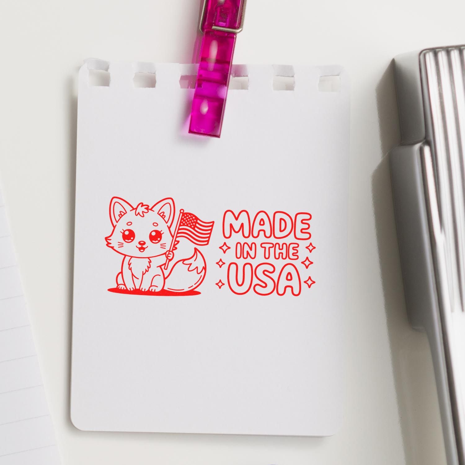 Red fox stamp with USA flag and Made in the USA on white card, clipped with pink clip beside silver seal product.
