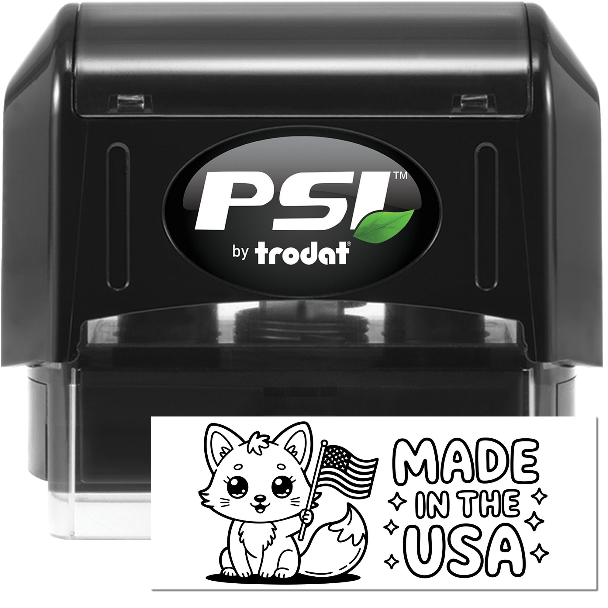 Black PSI by Trodat self-inking stamp and seal with fox Made in the USA design in black and white.